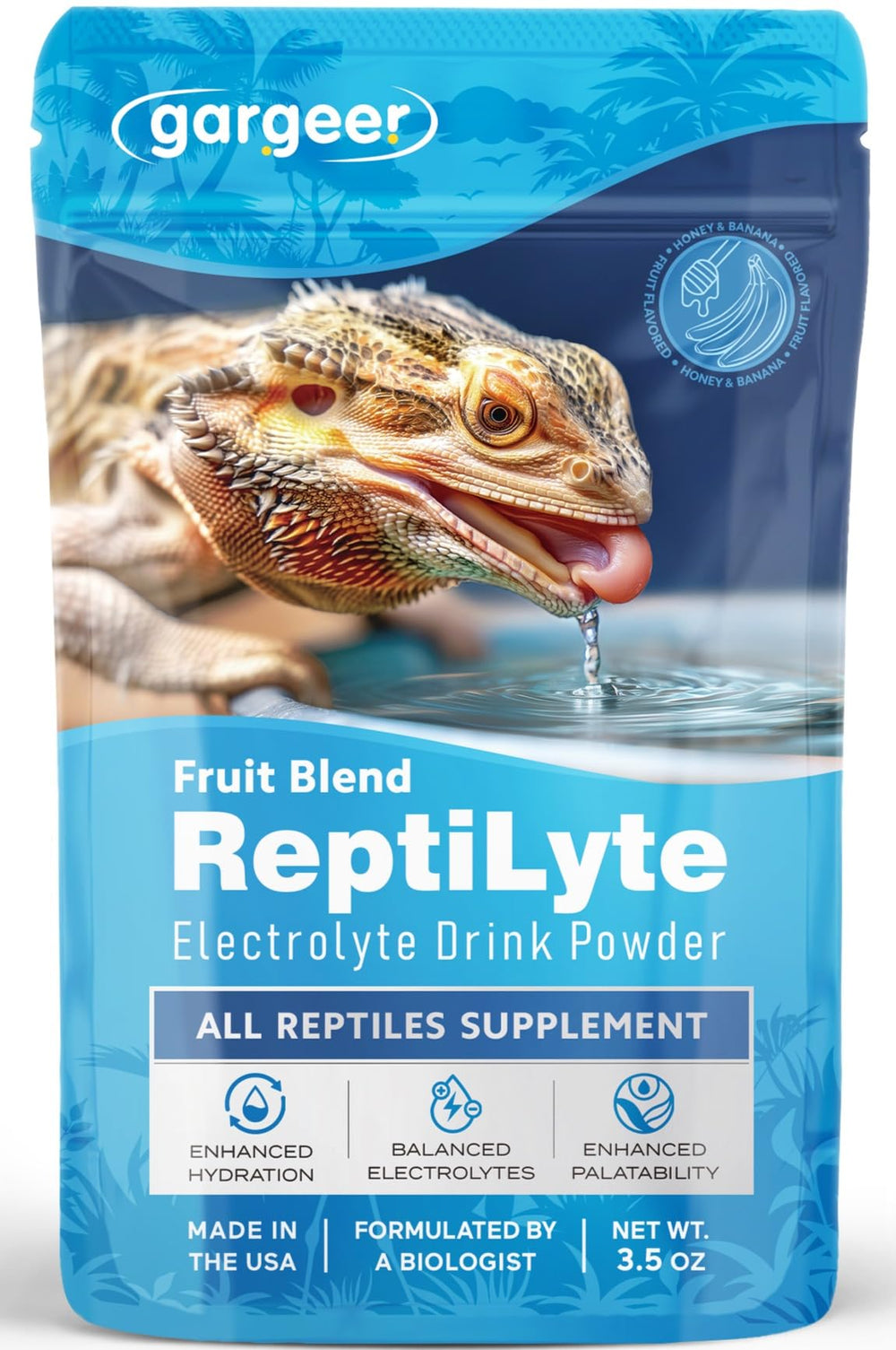 ReptiLyte de Gargeer con sabor banana miel, promueve hidratación voluntaria en reptiles