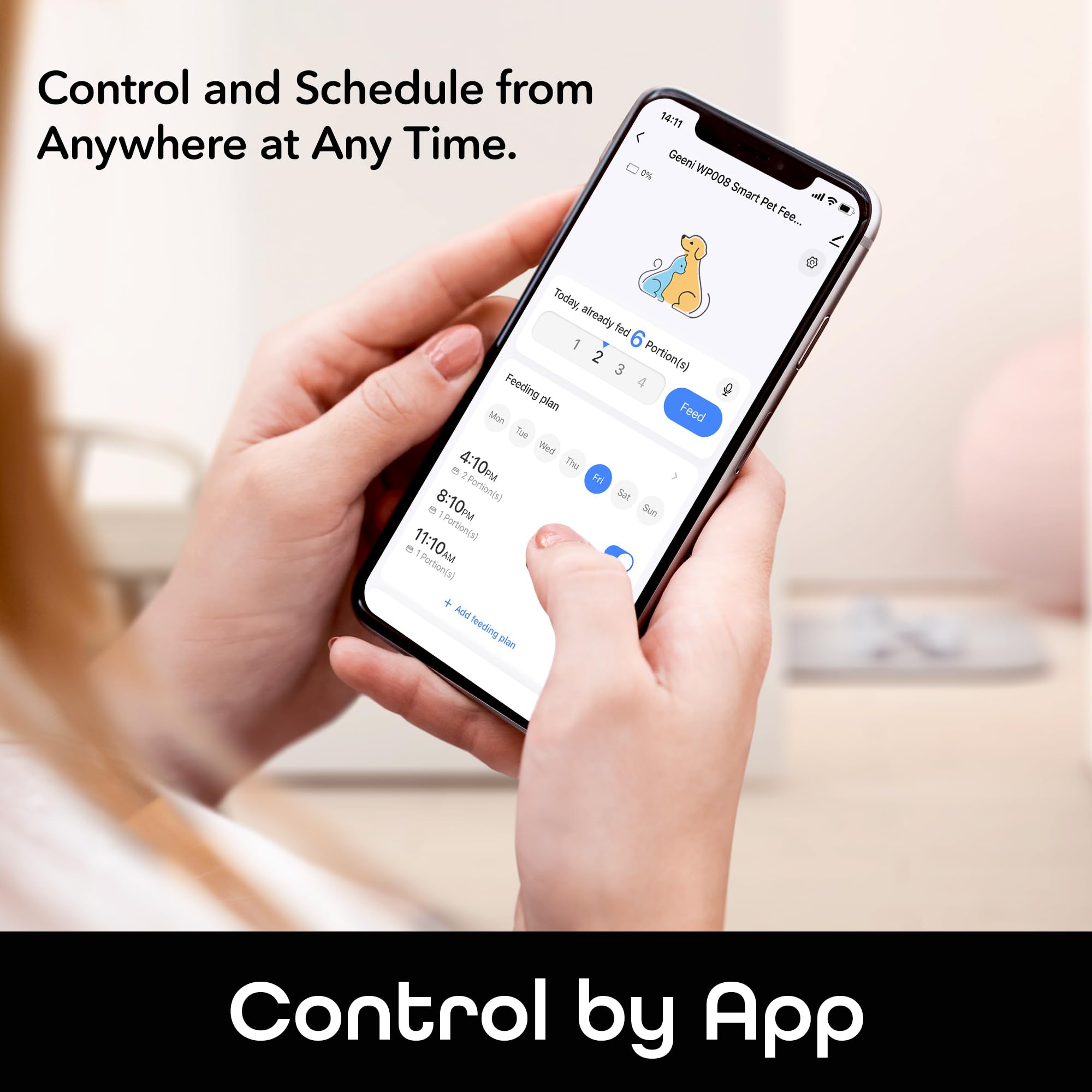 Geeni alimentador inteligente, porciones configurables para hábitos saludables.