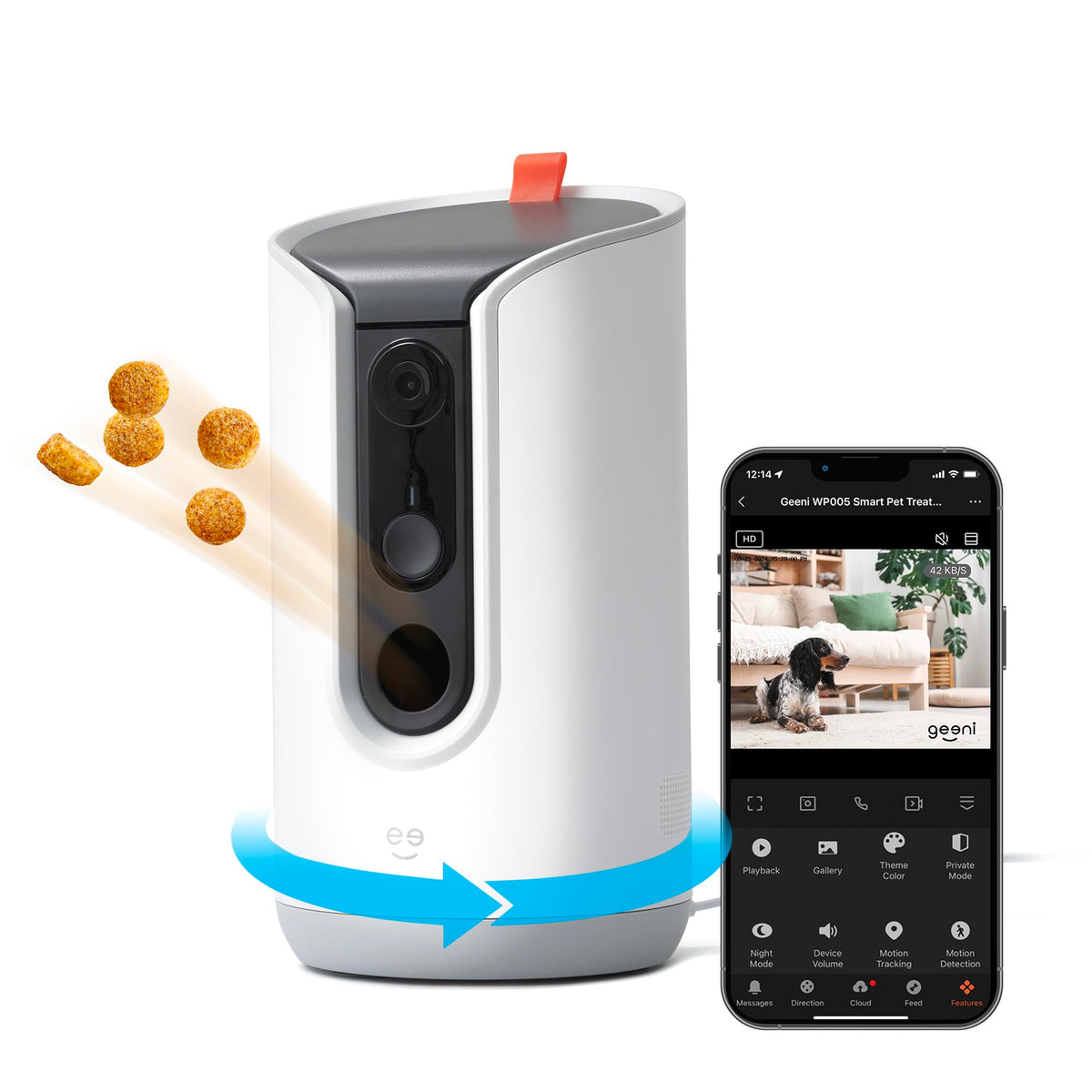Geeni Pet Treat Dispenser, cámara frontal para vigilar a tu mascota en directo y con claridad.