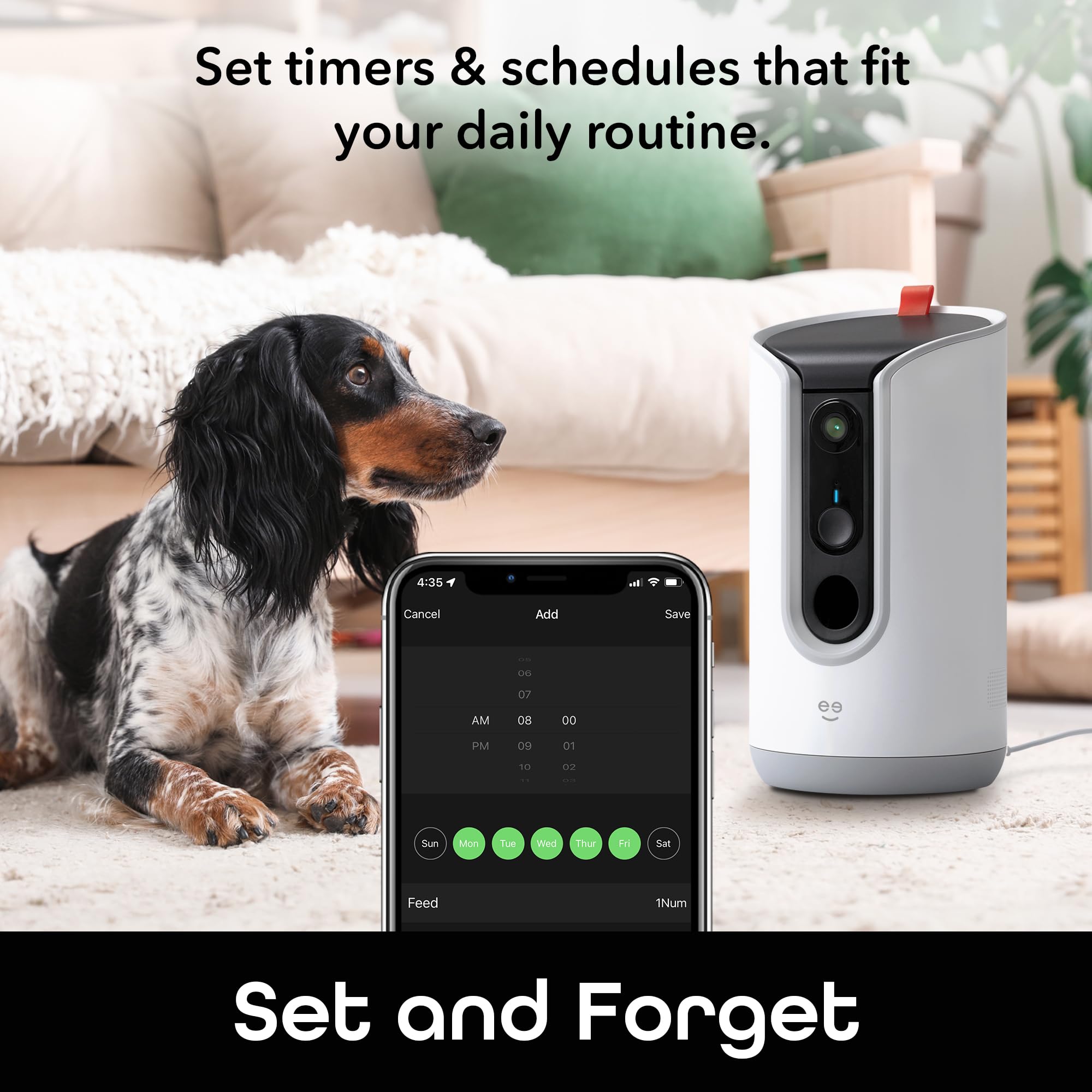 Geeni Pet Treat Dispenser, control por voz con Alexa y Google para facilitar operaciones.