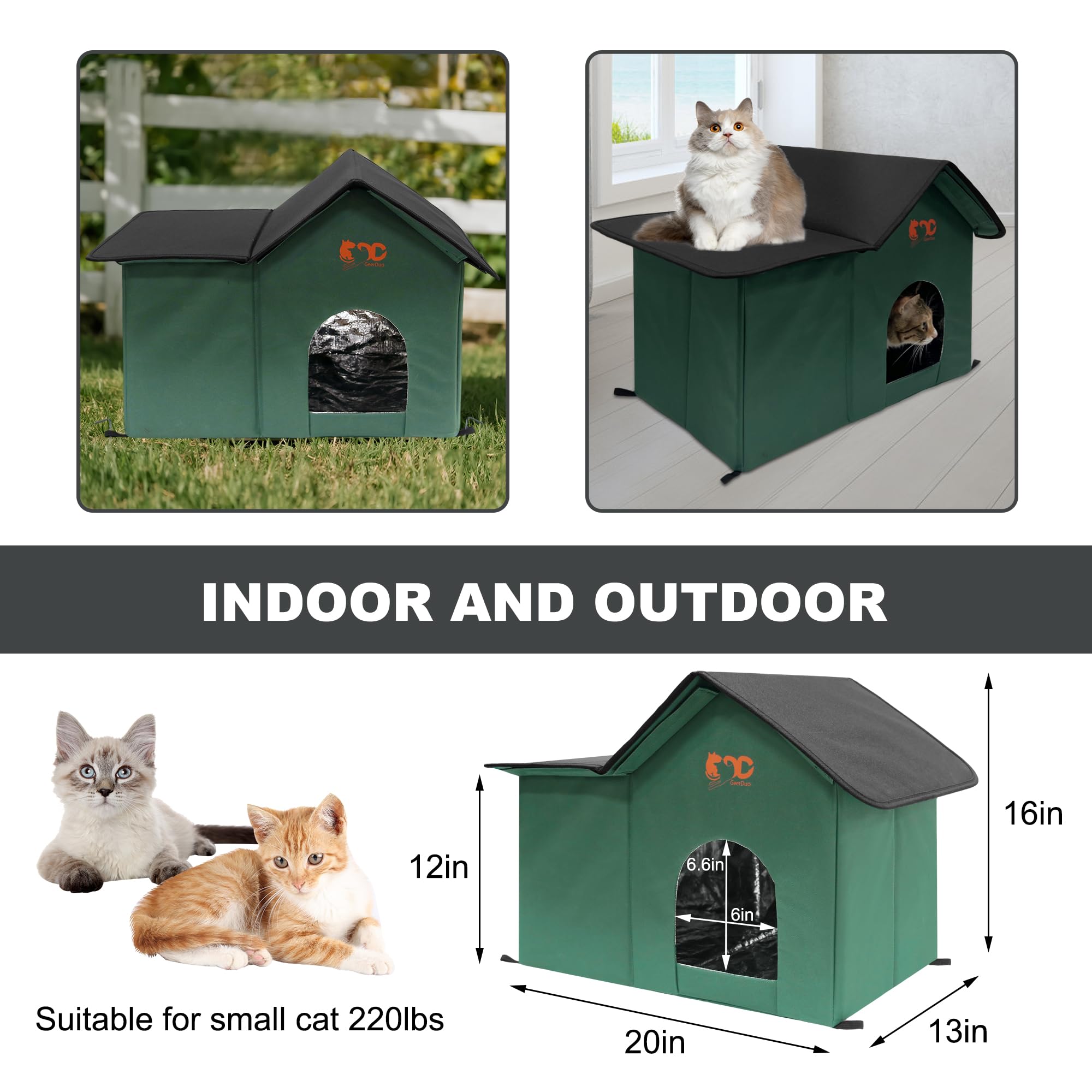GeerDuo Gato Exterior anclajes fijos evitan desplazamientos por viento.