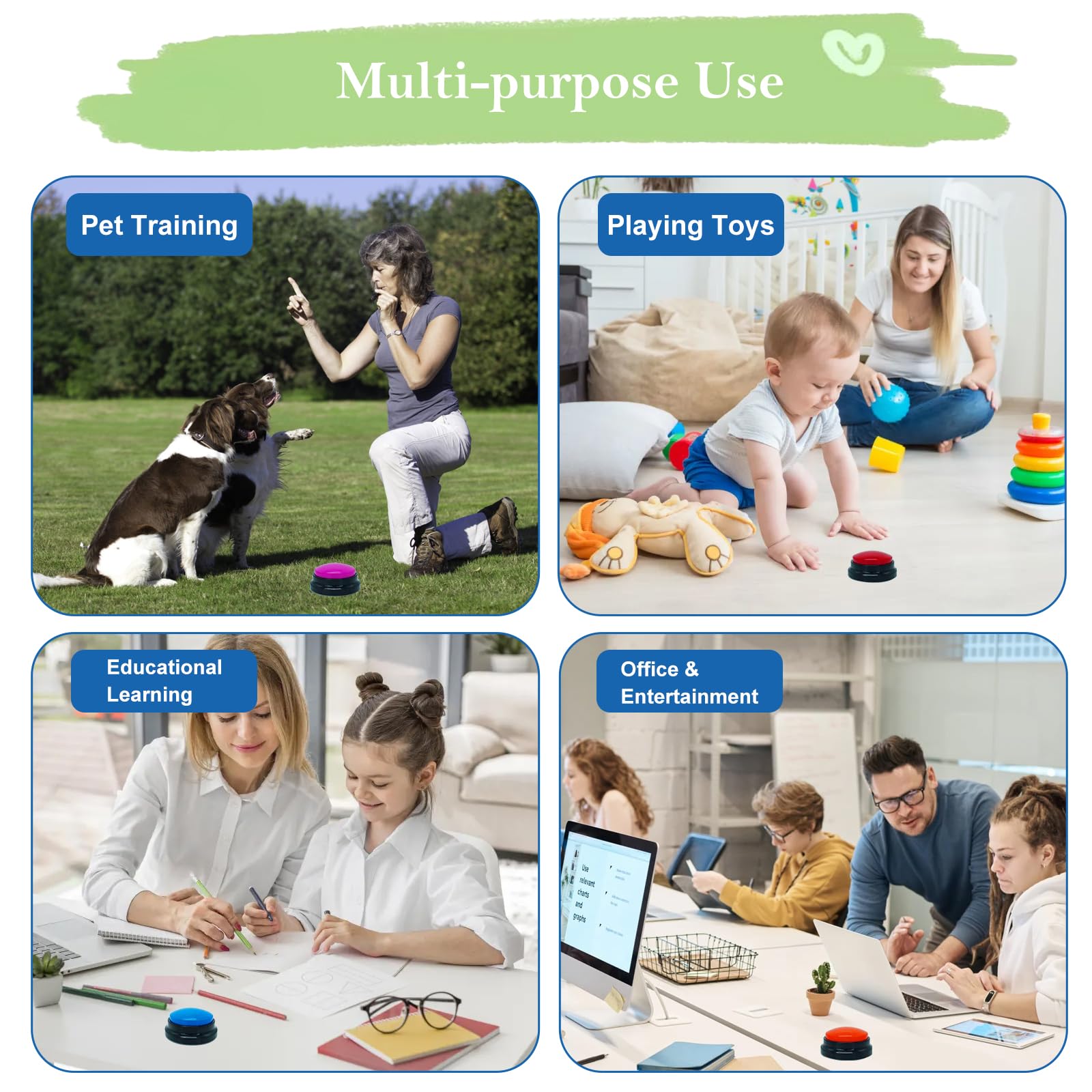 Botones Gelabur, material seguro para mascotas, uso repetido y resistente.