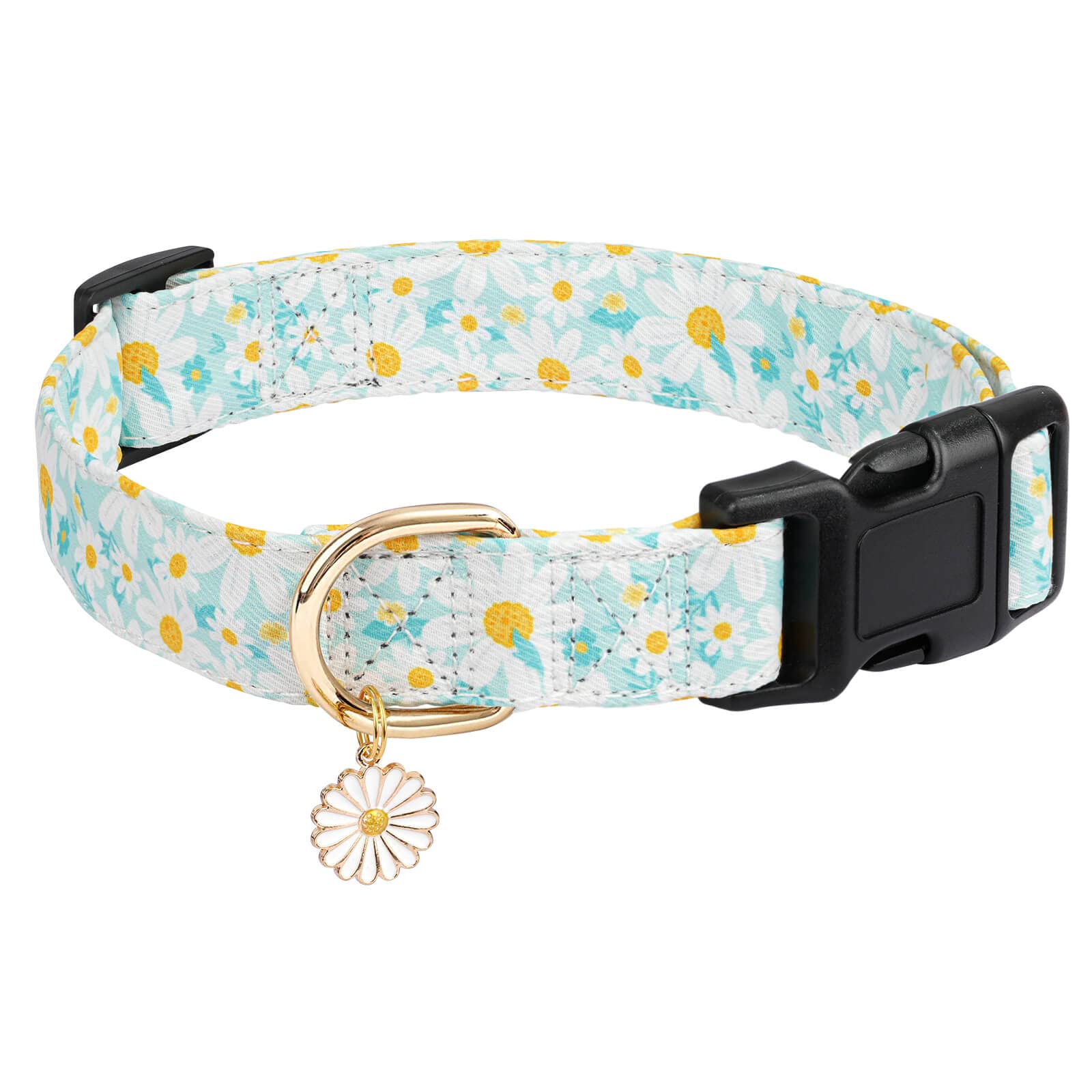 Collar Gelwoo Margarita cian mediano visto de frente, diseño floral para paseo diario
