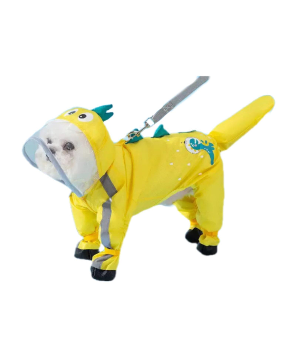 Generic impermeable para perros con cobertura total y capucha amarilla dinosaurio, ideal para la lluvia.