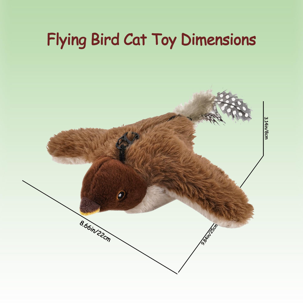Genérico juguete gato pajaro volador con plumas marrones realistas para juego táctil.