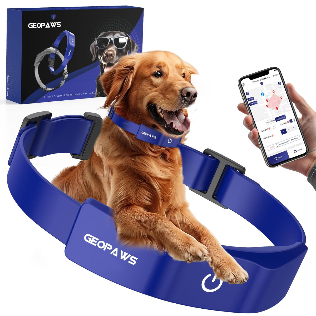 GeoPaws collar GPS, primer plano mostrando seguridad para perros al aire libre.