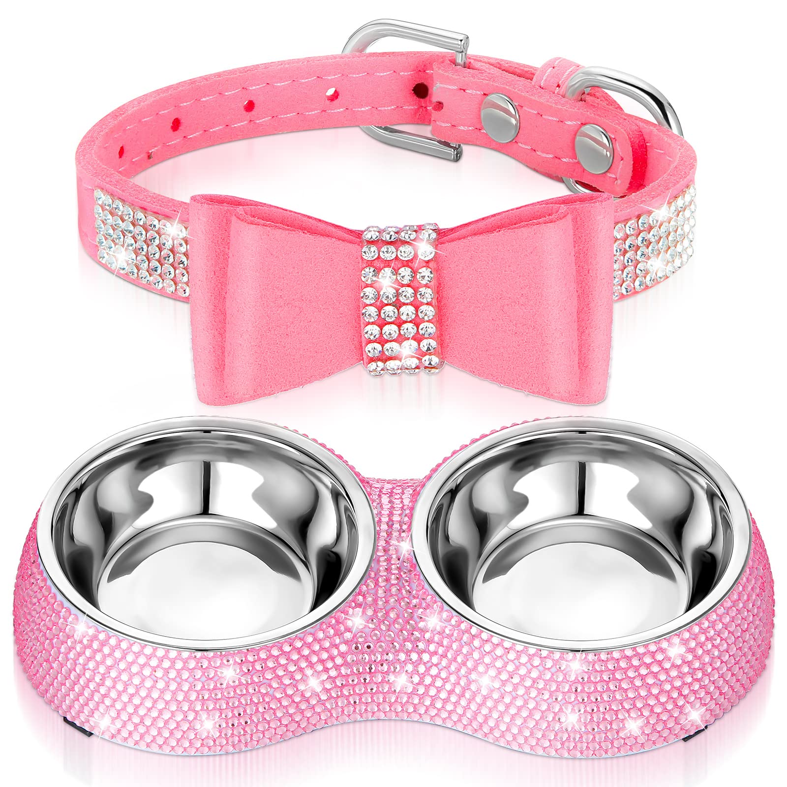 Conjunto Gerrii: platos dobles rosados para mascotas, práctico para alimentar dos animales a la vez.
