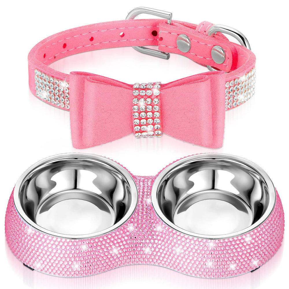 Conjunto Gerrii: platos dobles rosados para mascotas, práctico para alimentar dos animales a la vez.