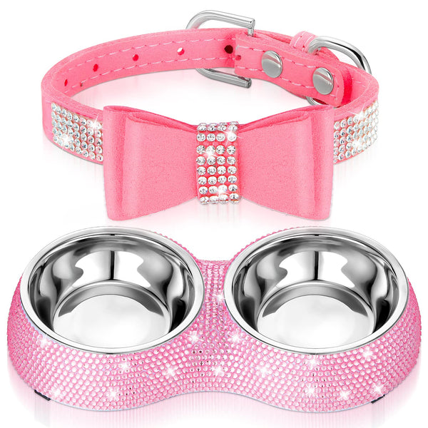 Conjunto Gerrii: platos dobles rosados para mascotas, práctico para alimentar dos animales a la vez.