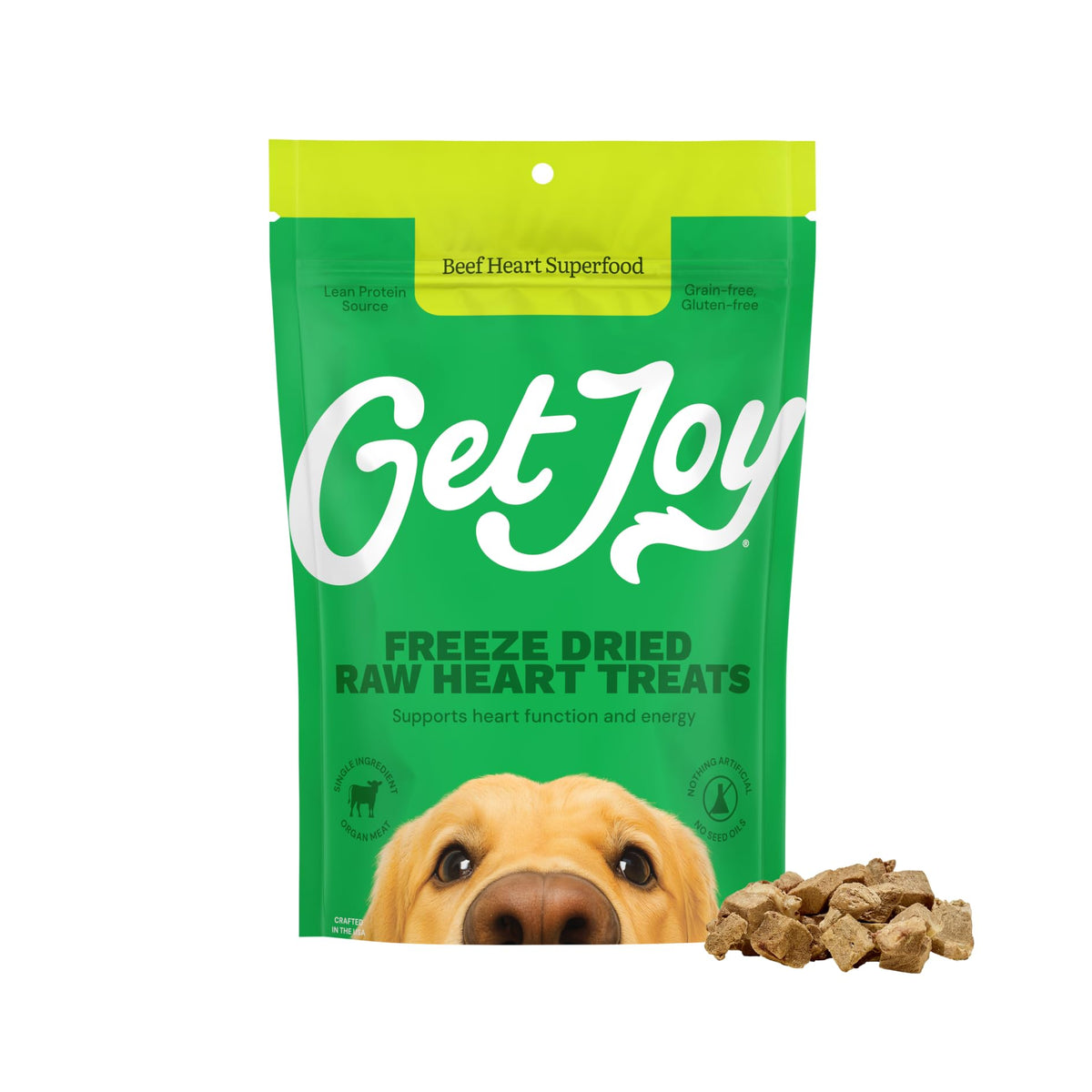 Get Joy corazon de res liofilizado en empaque, snack saludable para perros.