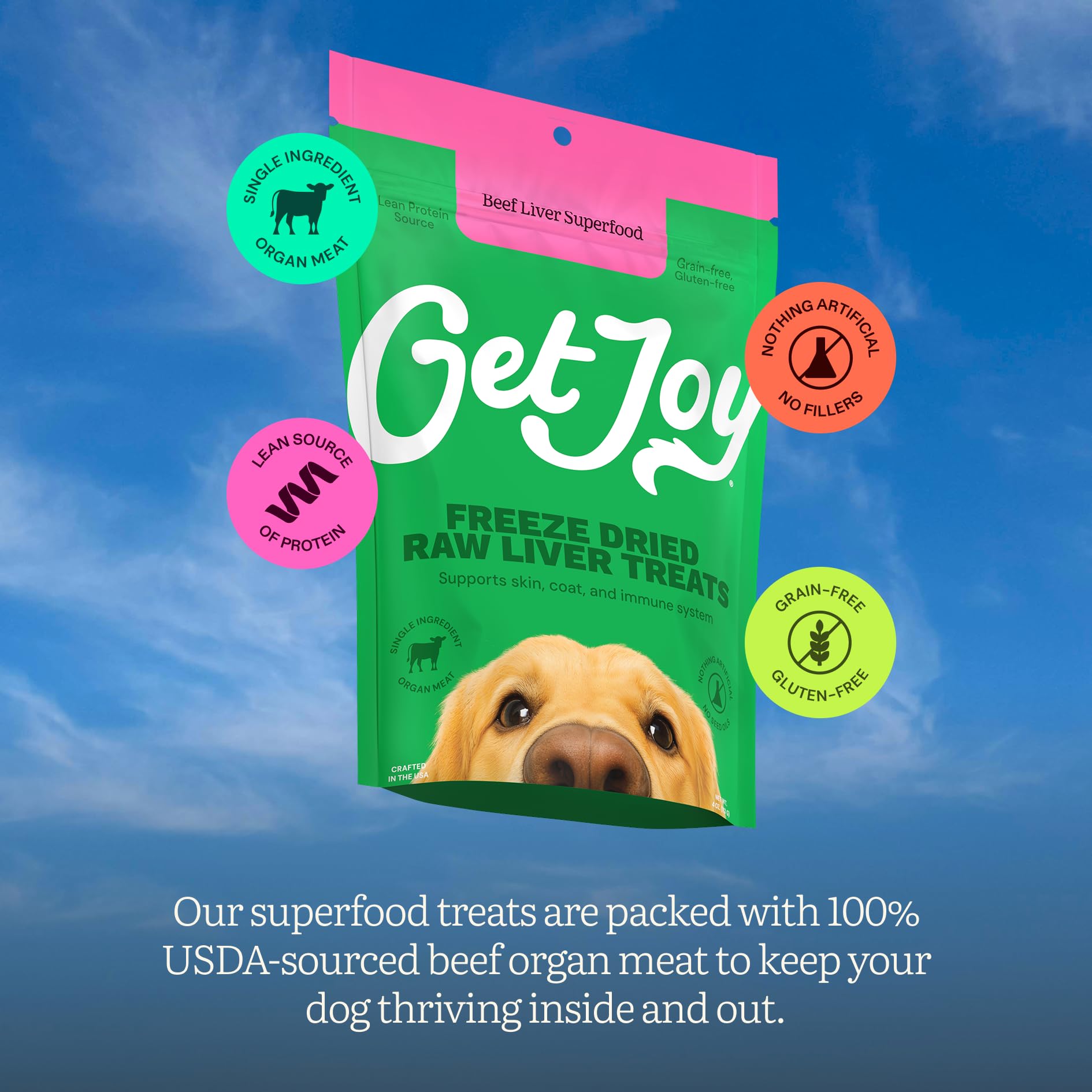 Get Joy hecho en Estados Unidos, garantía de calidad y seguridad para perros.