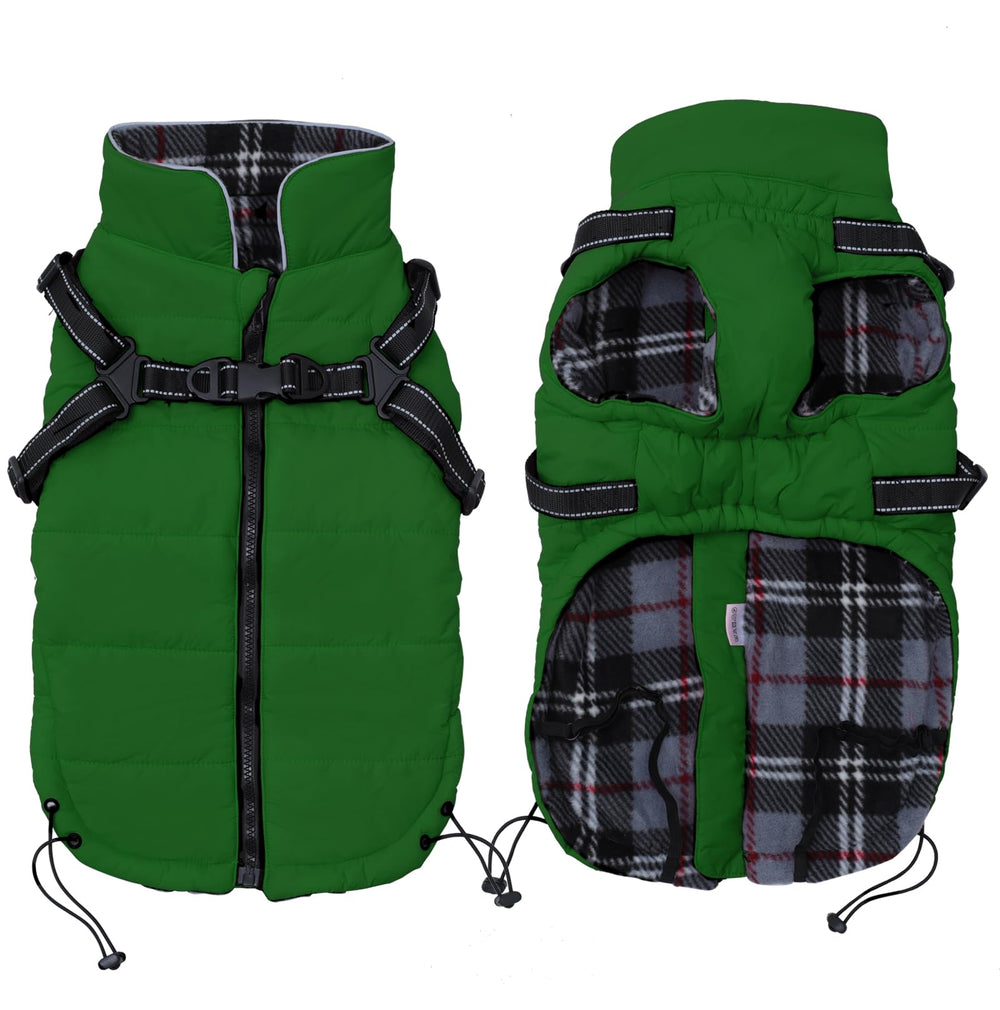Geyecete chaqueta impermeable para perro con arnés, ideal para paseos diarios en clima frío.