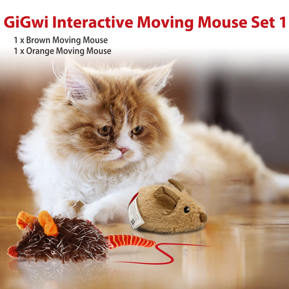 Gigwi ratón móvil naranja estimula curiosidad y juego en interiores.