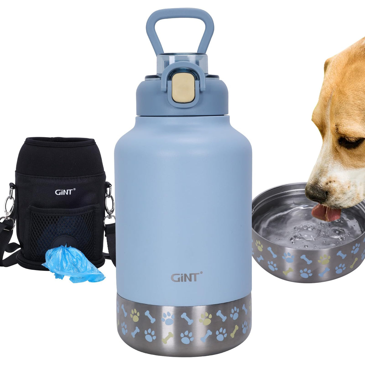 Botella GiNT de 37 onzas con aislamiento para agua de perro, ideal para paseos largos.