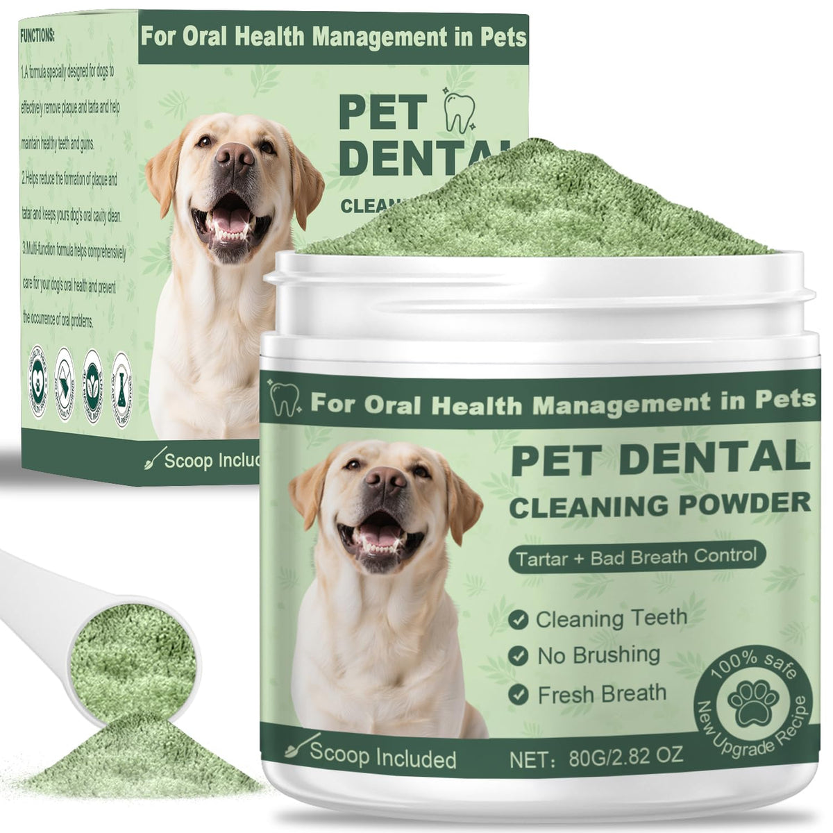 Frasco de GIOVARA polvo dental para perros facilita el cuidado bucal diario.