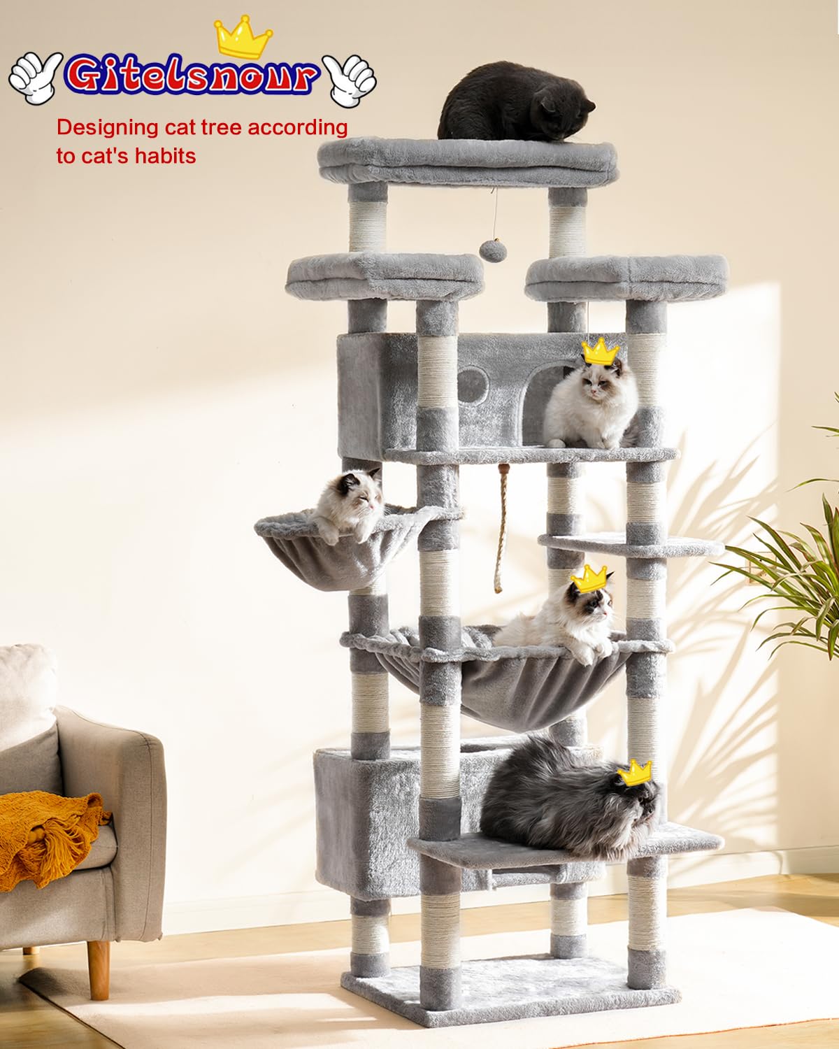 Gitelsnour arbol-gatos 74 pulgadas con cestas dobles para descanso seguro