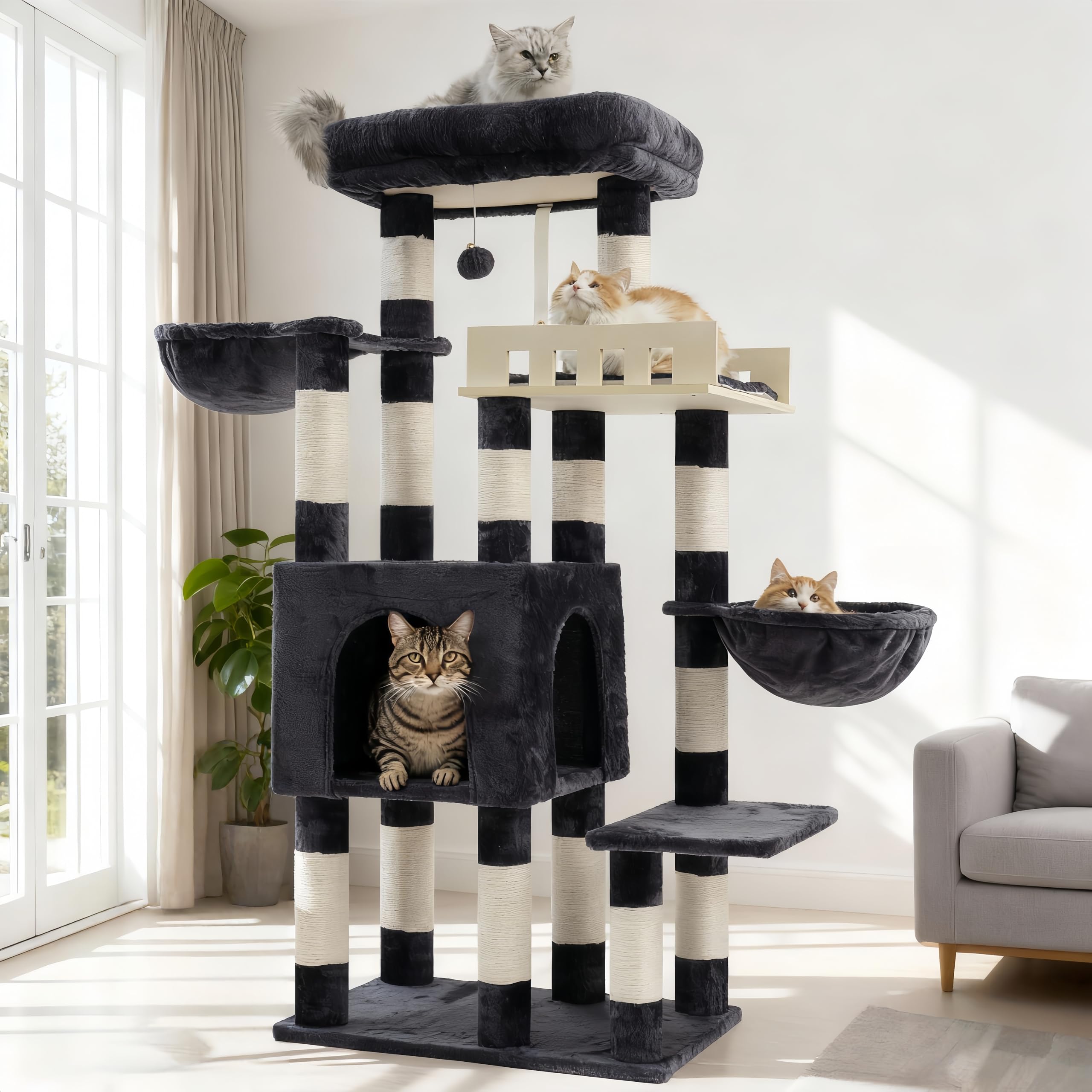 Gitelsnour árbol para gatos grandes con plataforma de madera y barandillas.