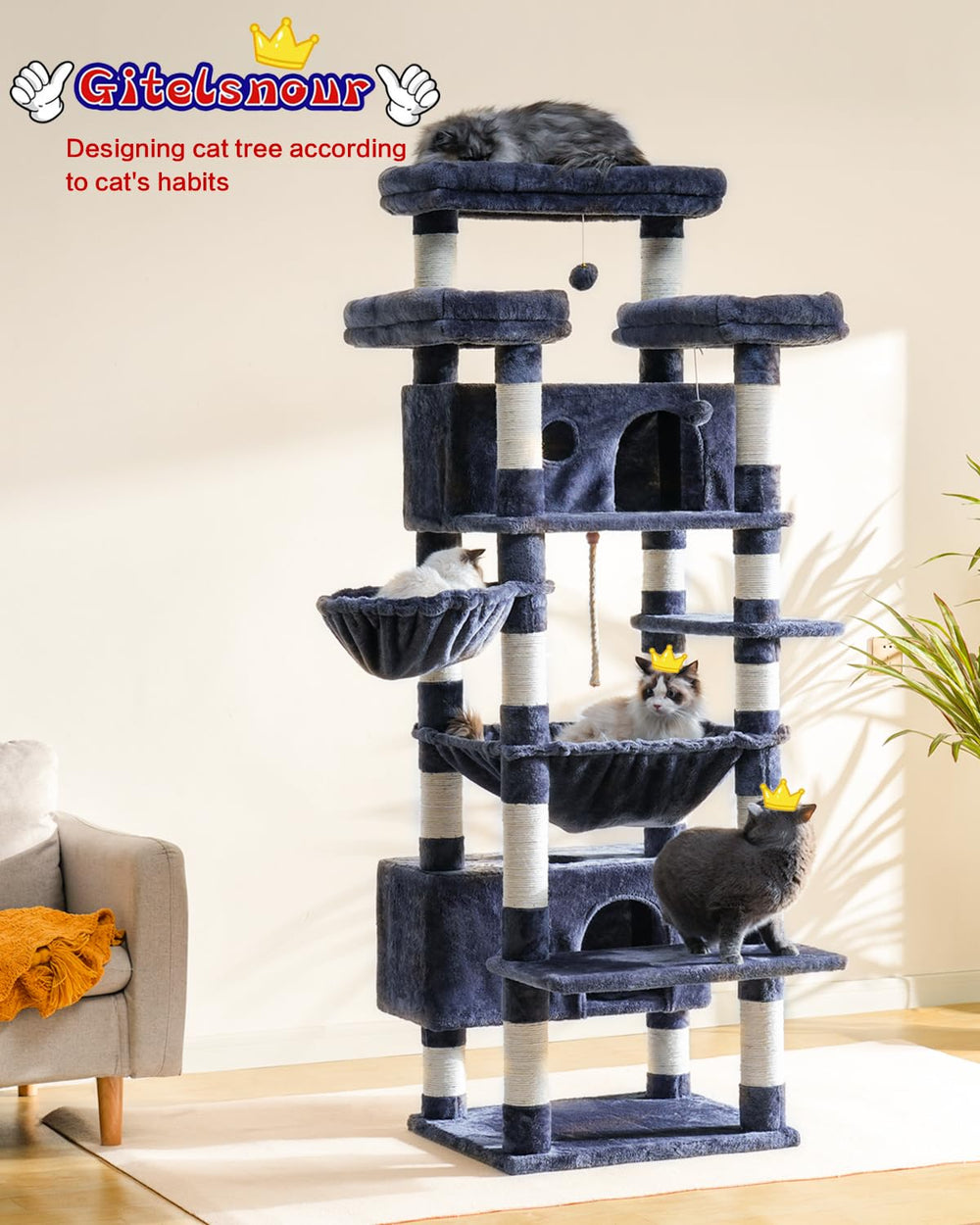 Gitelsnour árbol para gatos, perchas superiores amplias para dormir o vigilar.