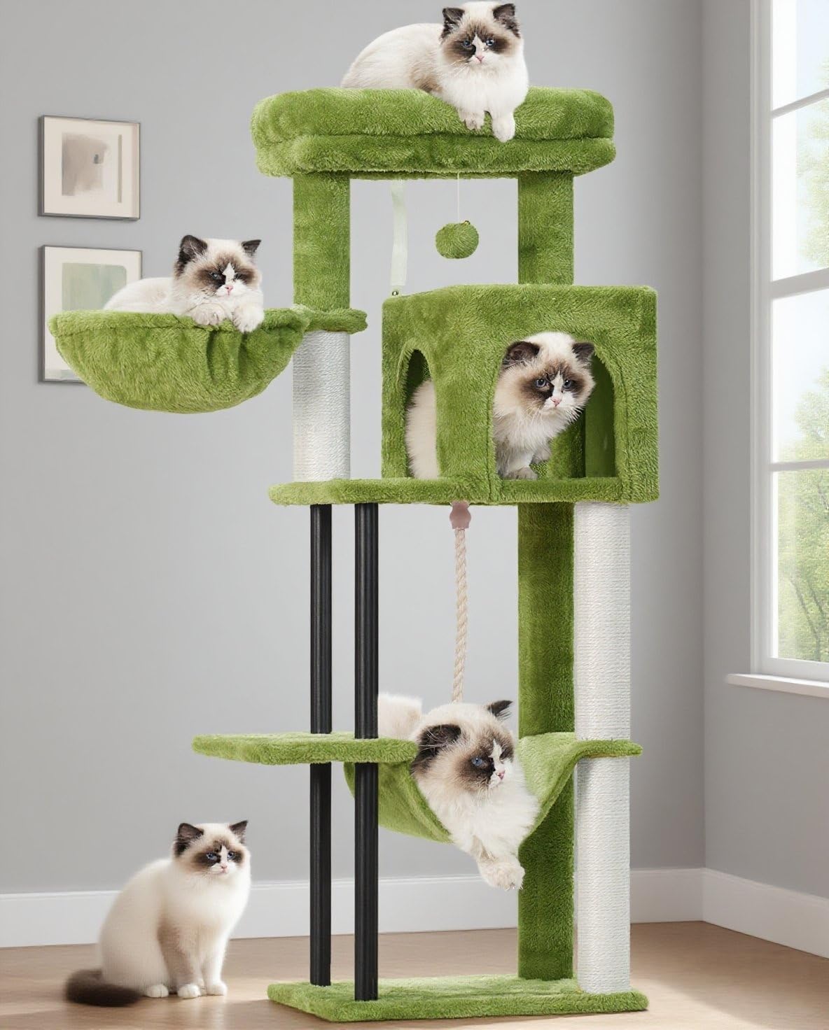 Gitelsnour árbol para gatos en interior con tubo de acero y diseño moderno.