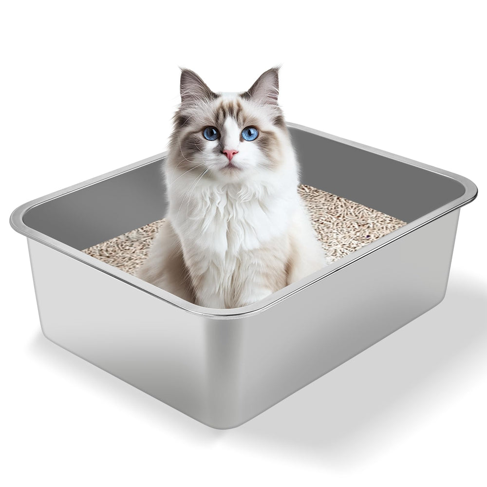 GIUOIDUO caja de arena para gatos de acero inoxidable, frontal, limpieza rápida.