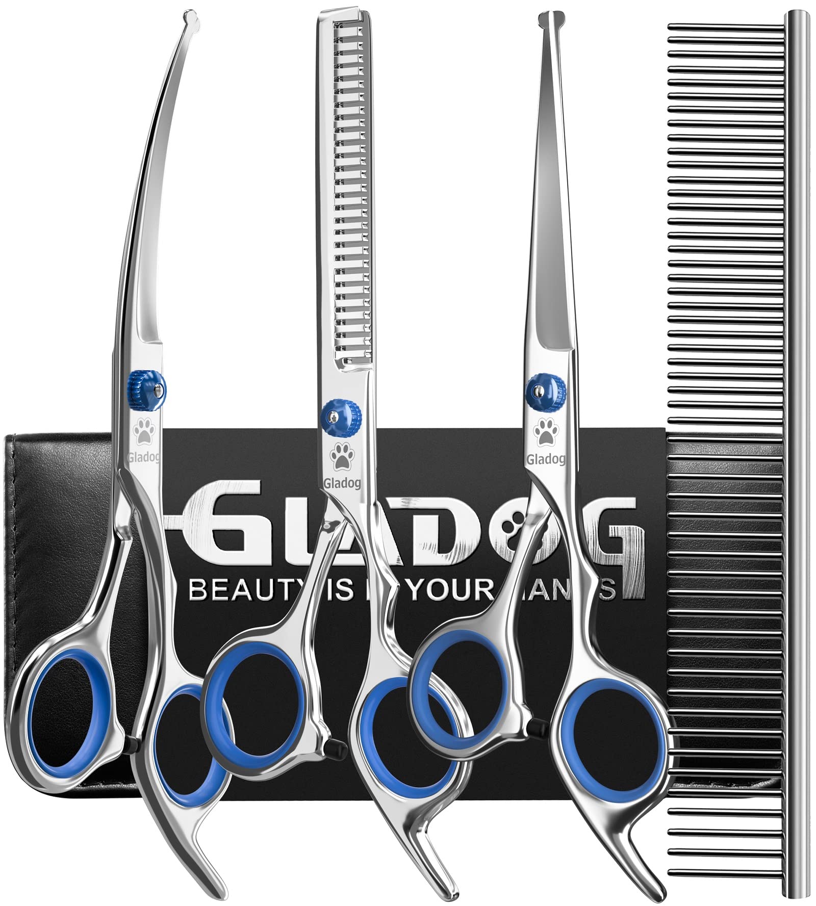 GLADOG tijeras profesionales 5 en 1 con puntas redondas para seguridad durante el cuidado del pelaje.