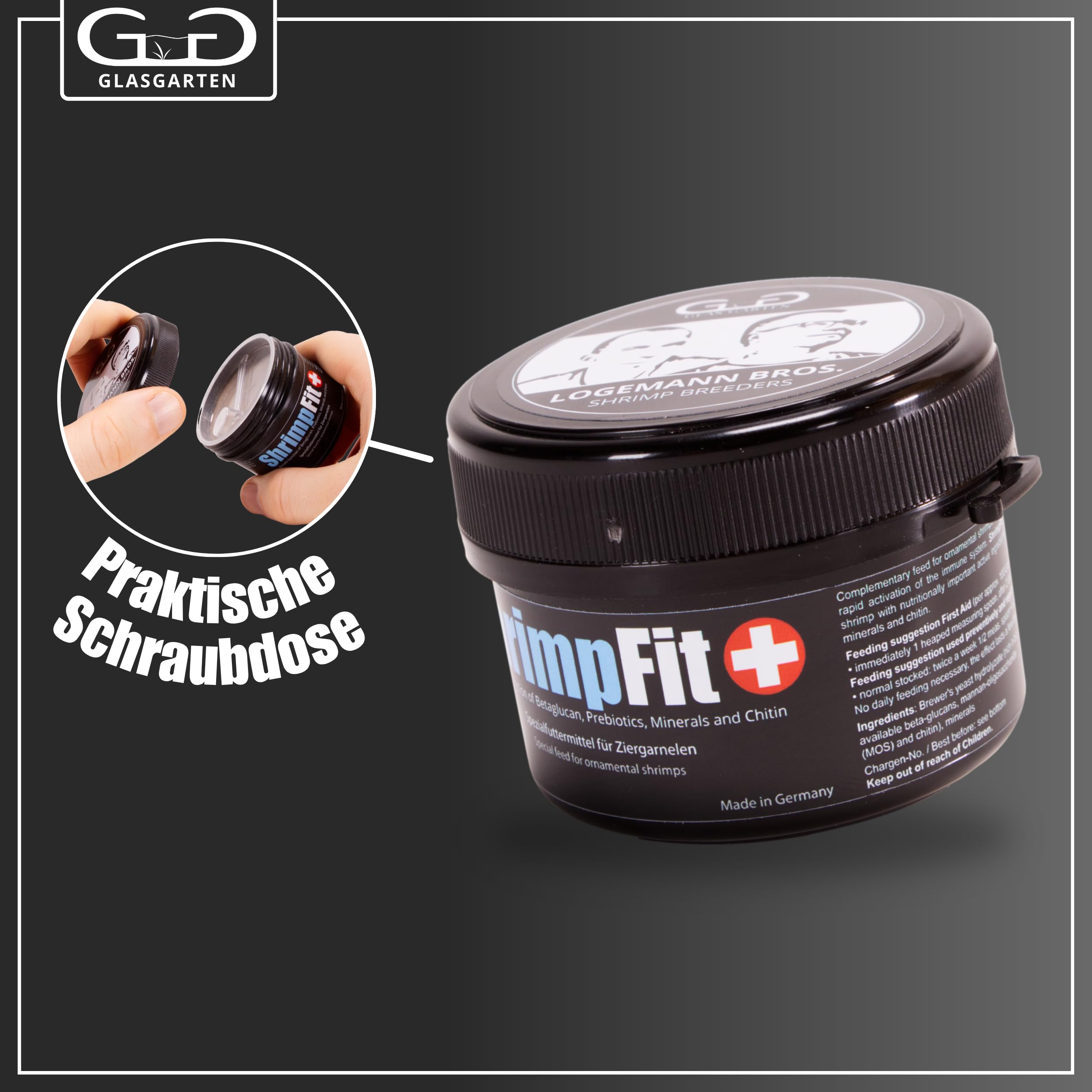GlasGarten ShrimpFit, ingredientes clave en la fórmula, beta-glucanos y MOS para defensa natural.