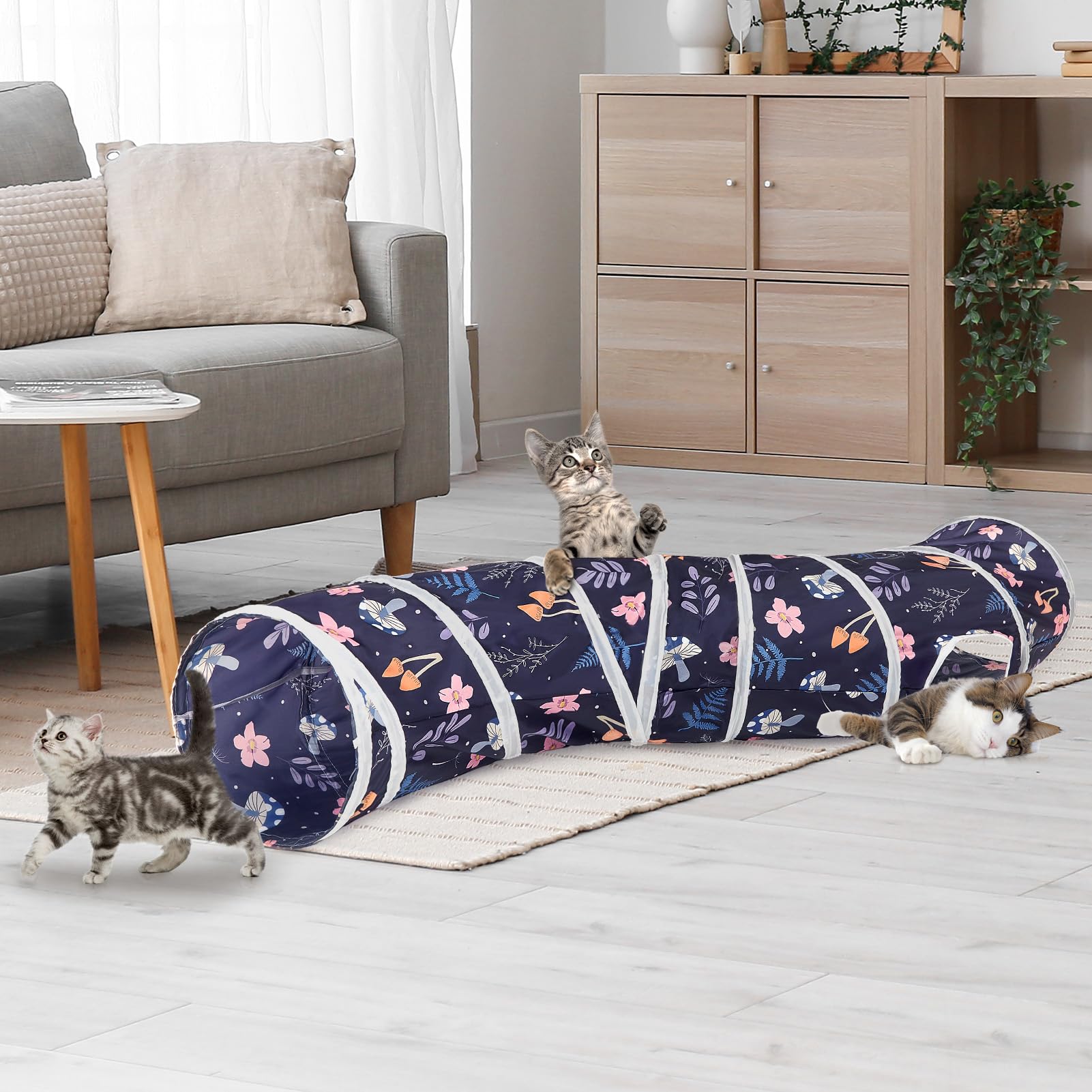 Túnel Glittme para gatos, juguete ratón incluido, favorece juego interactivo.
