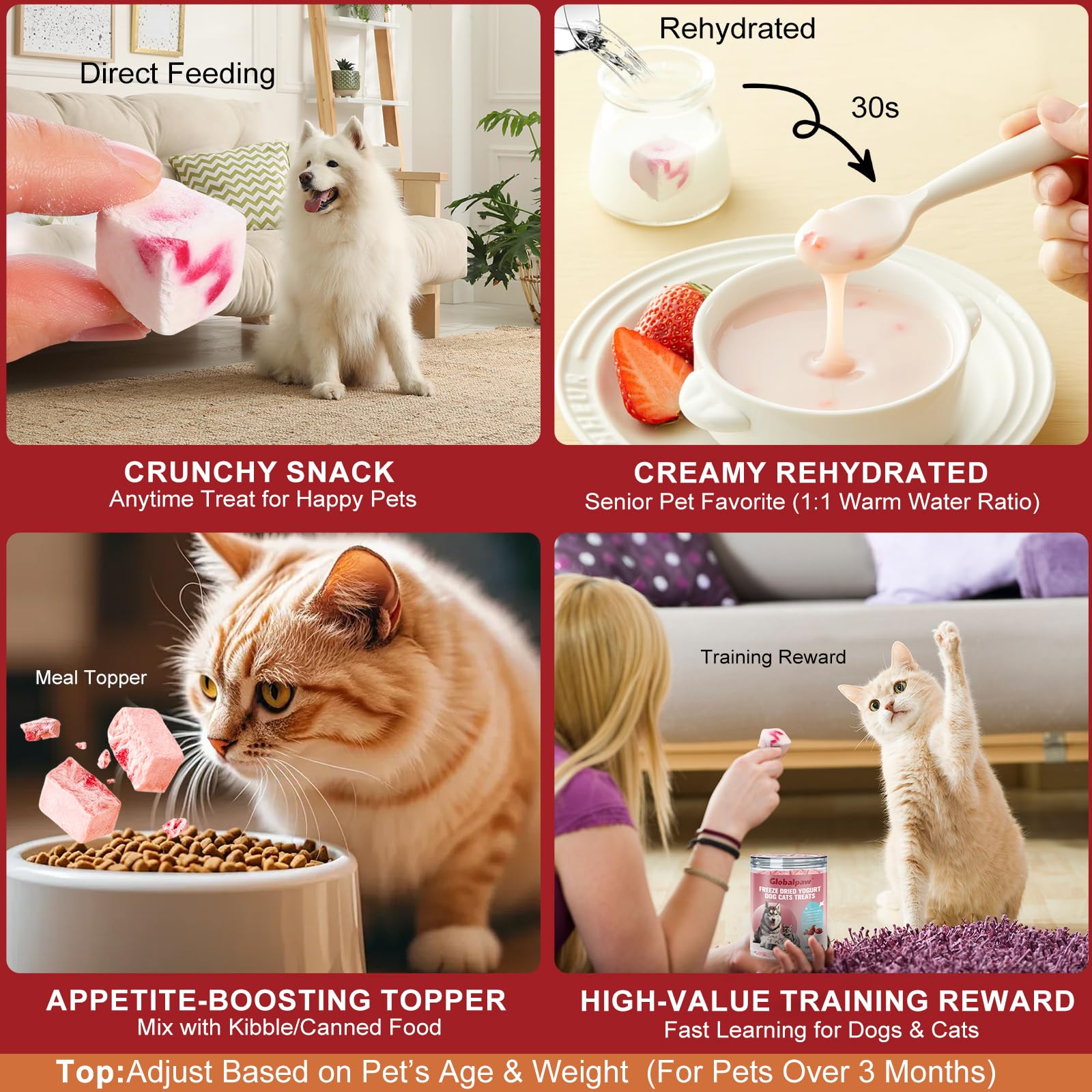 Globalpaw cuatro usos prácticos como premio, topping y entrenamiento.