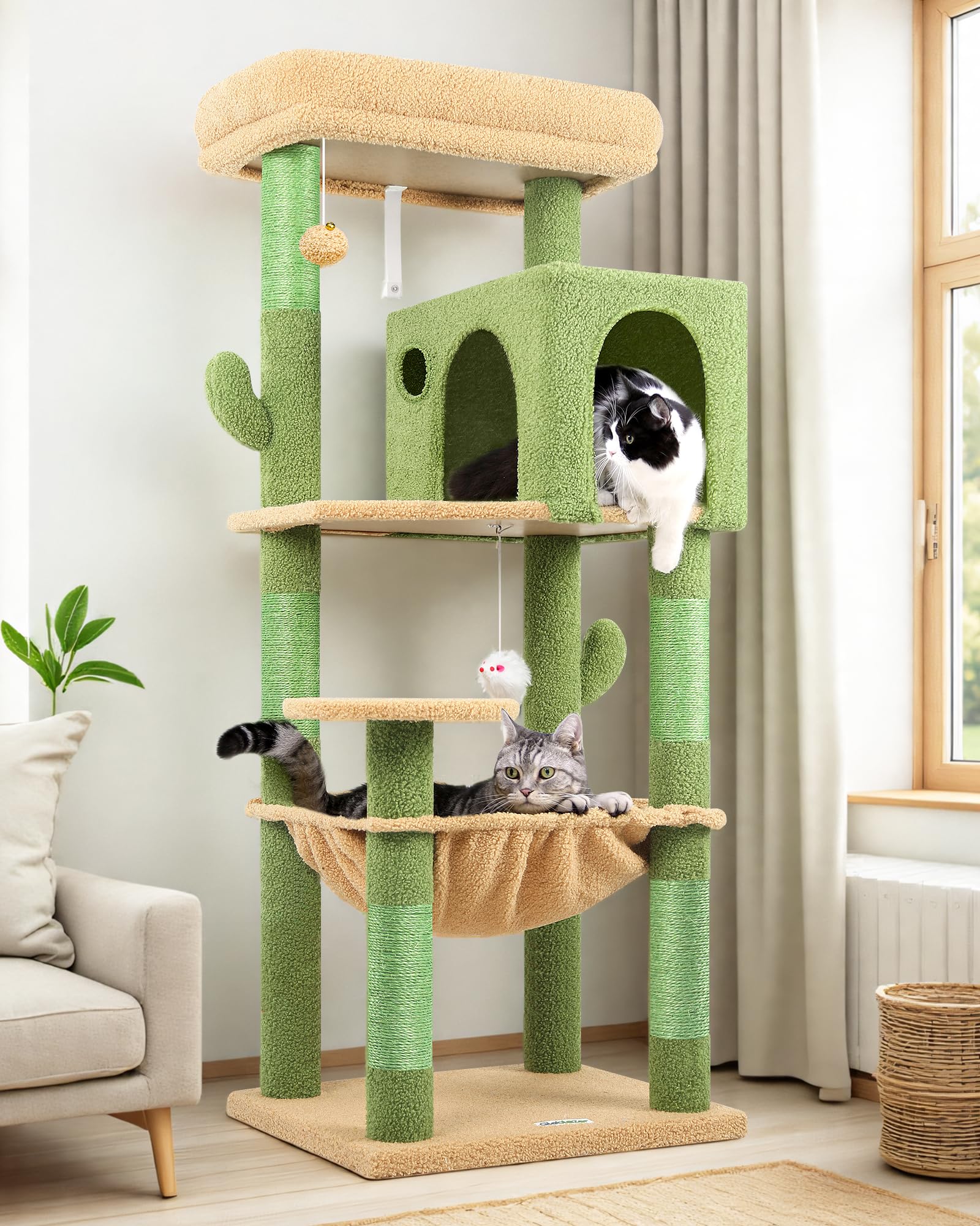 Globlazer arbol-gato cactus torre 53pulgadas, tapizado verde y marrón; favorece juego y descanso.