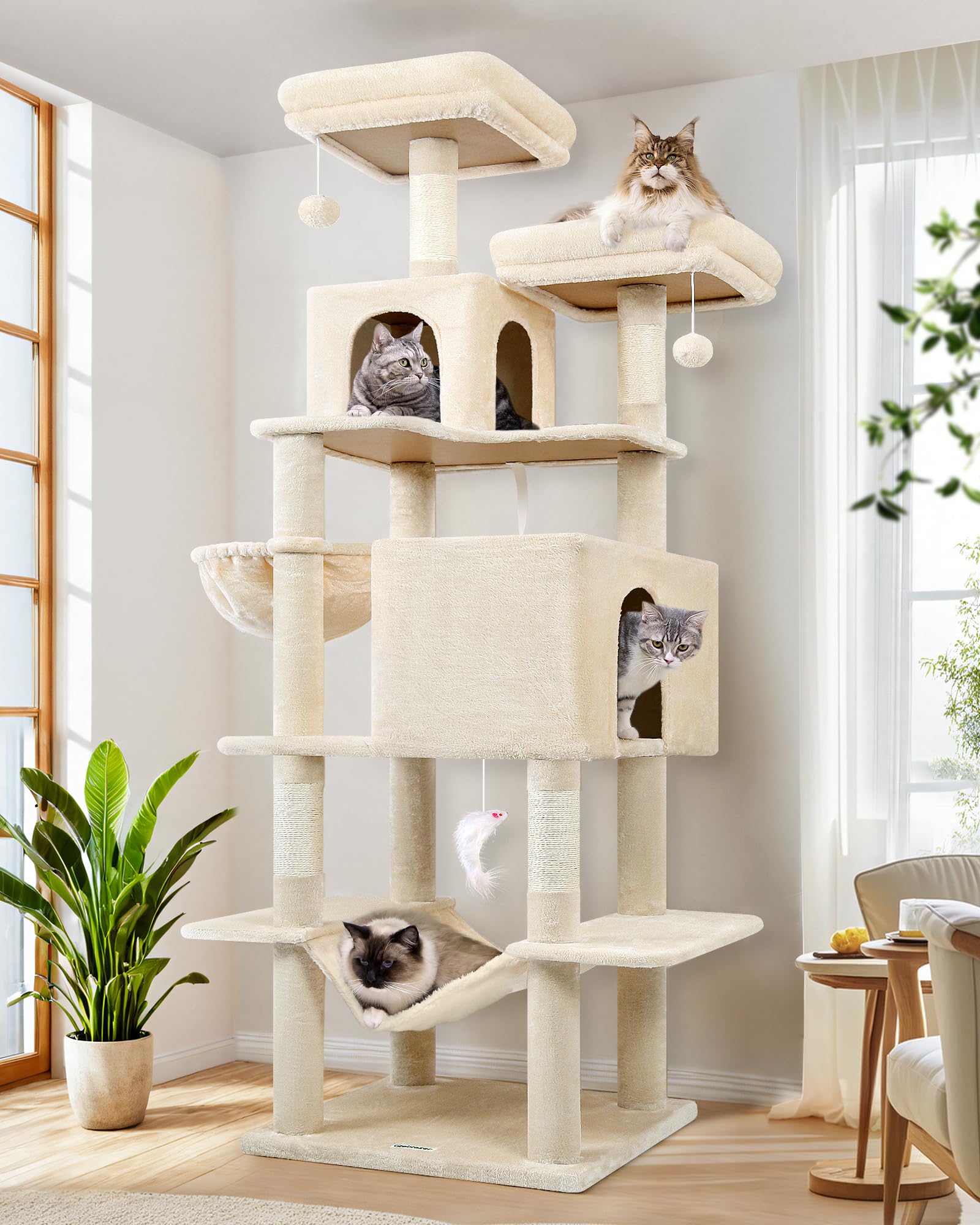 Globlazer arbol-gatos 76 pulgadas con niveles, ideal para varios felinos y descanso compartido.