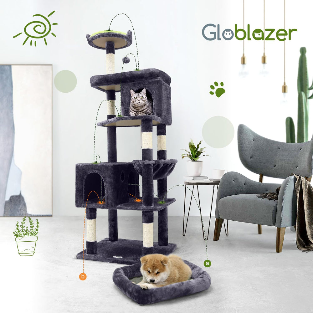 Globlazer árbol para gatos de 72 pulgadas en gris oscuro, diseño robusto.
