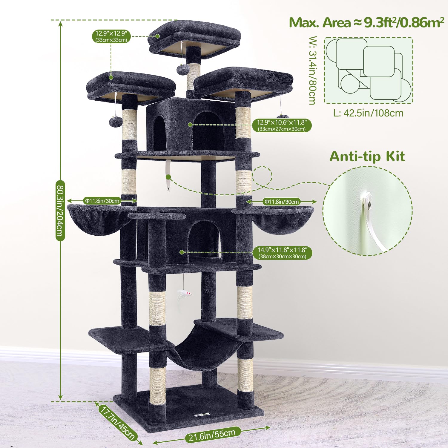 Globlazer Big Cat Tower diseño vertical ideal para gatos adultos en espacios grandes.