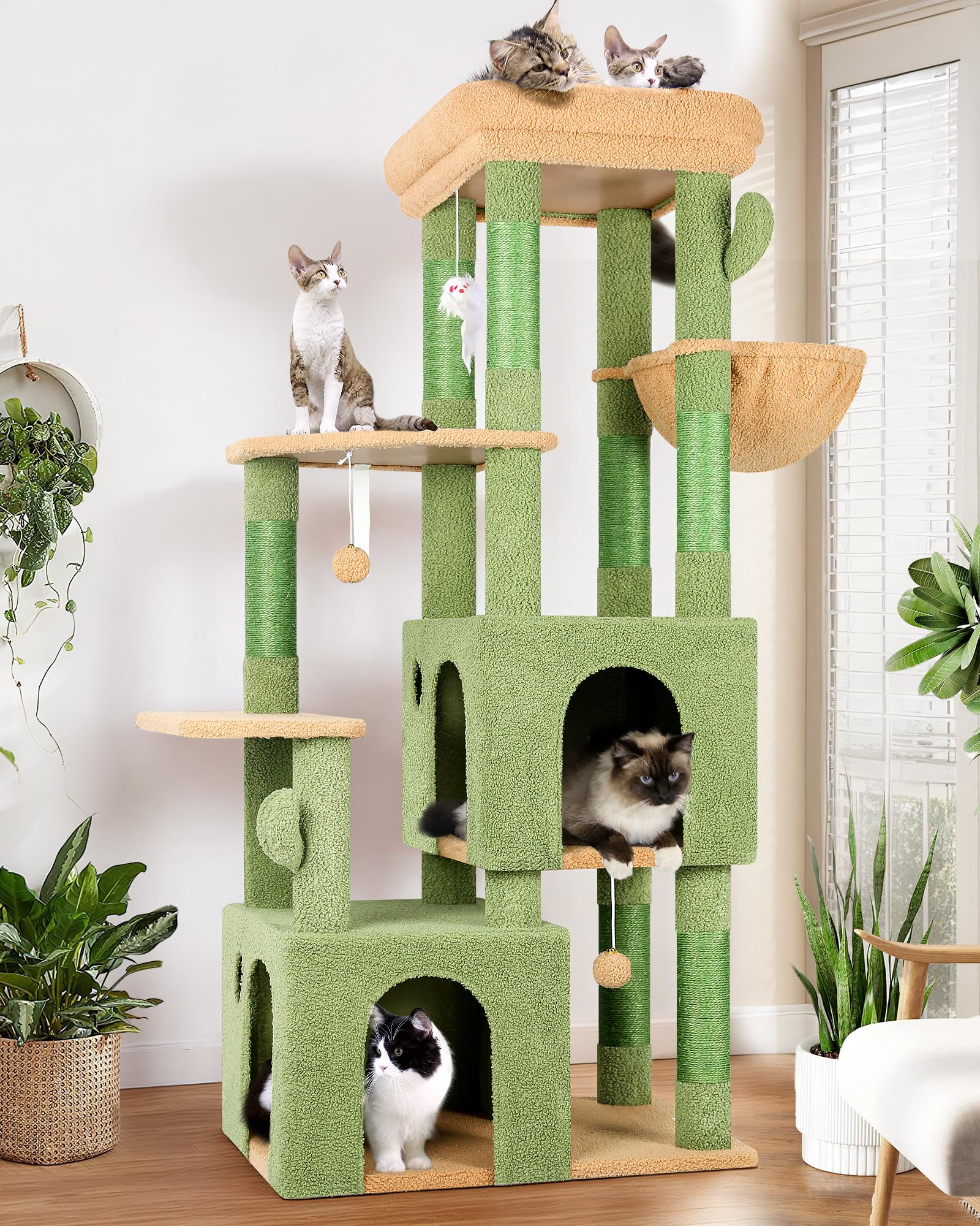 Torre cactus para gatos de Globlazer, plataforma superior amplia para descansar y observar.