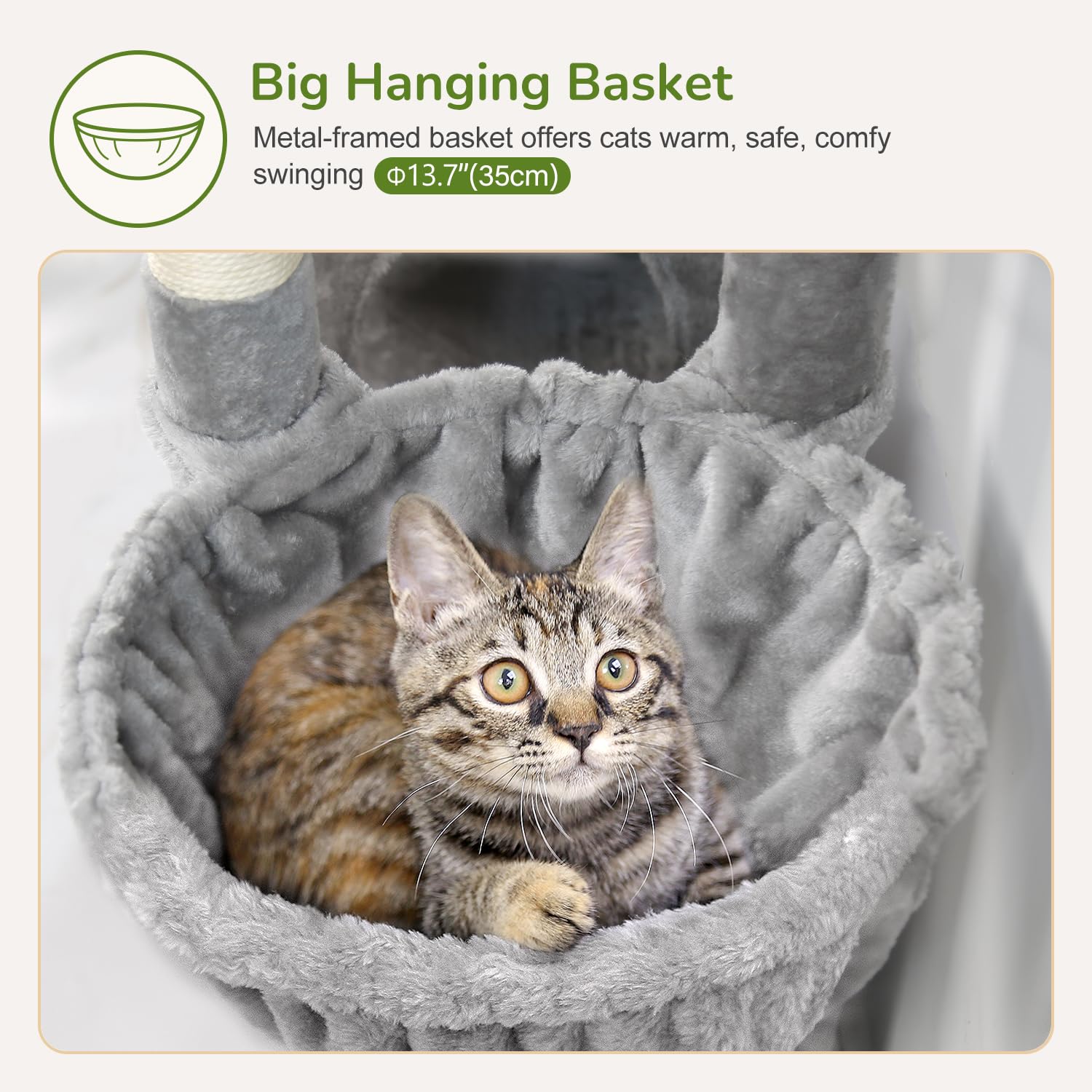 Cesta colgante grande, soporte estable para gatos activos.