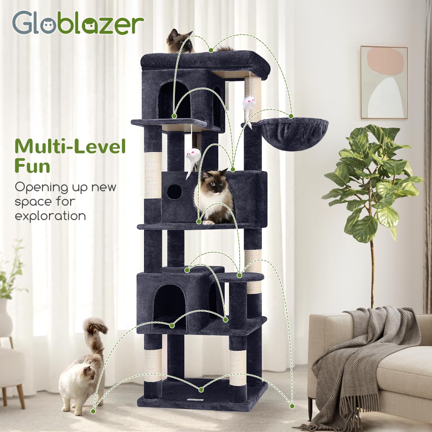 Globlazer dimensiones-torre-gatos, diseño compacto para hogares pequeños.
