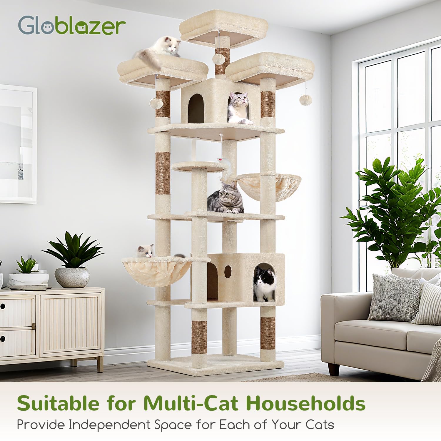 Globlazer F82 torre para gatos en beige, diseño elegante para interiores.