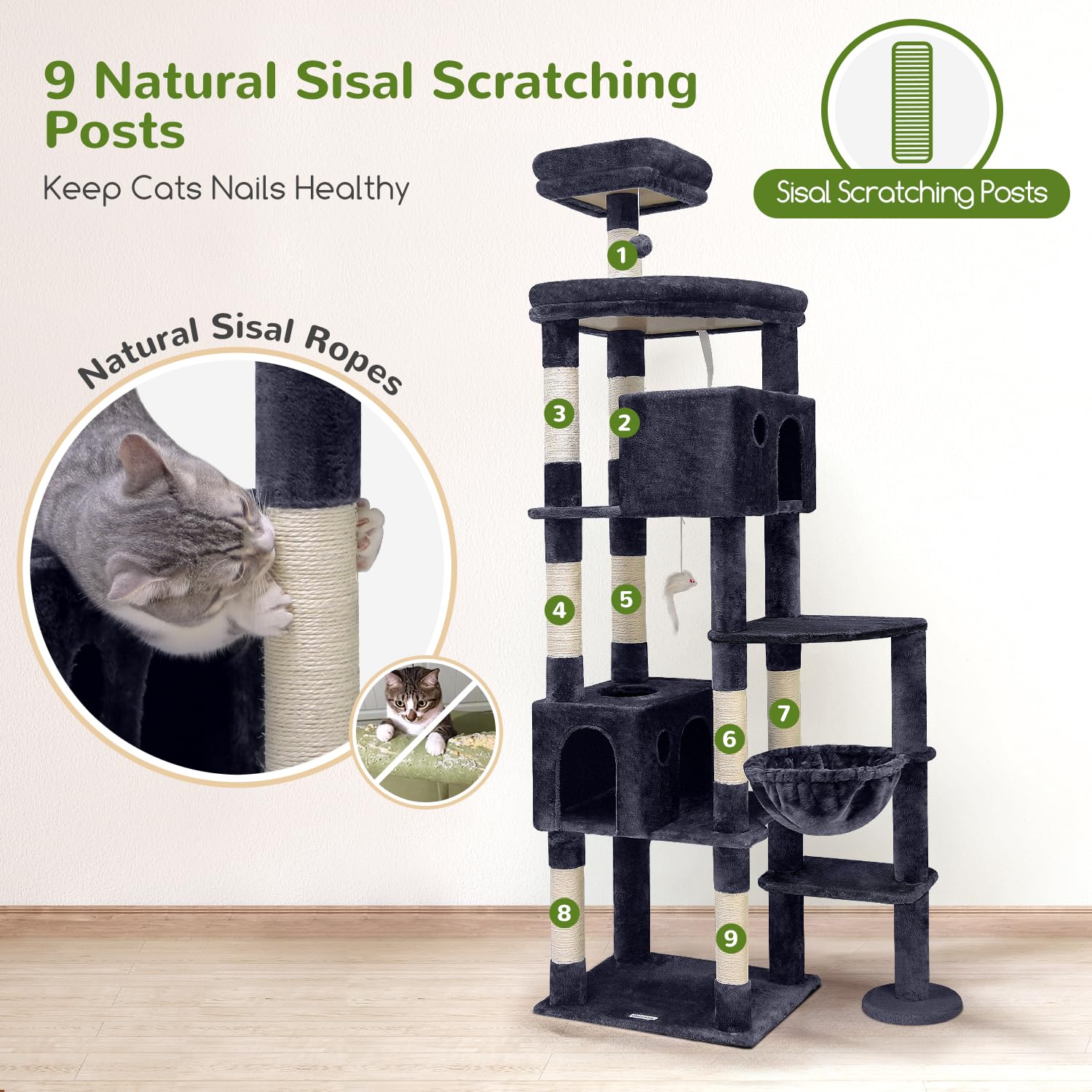 Globlazer torre con nueve postes de sisal para rascar y ejercitar