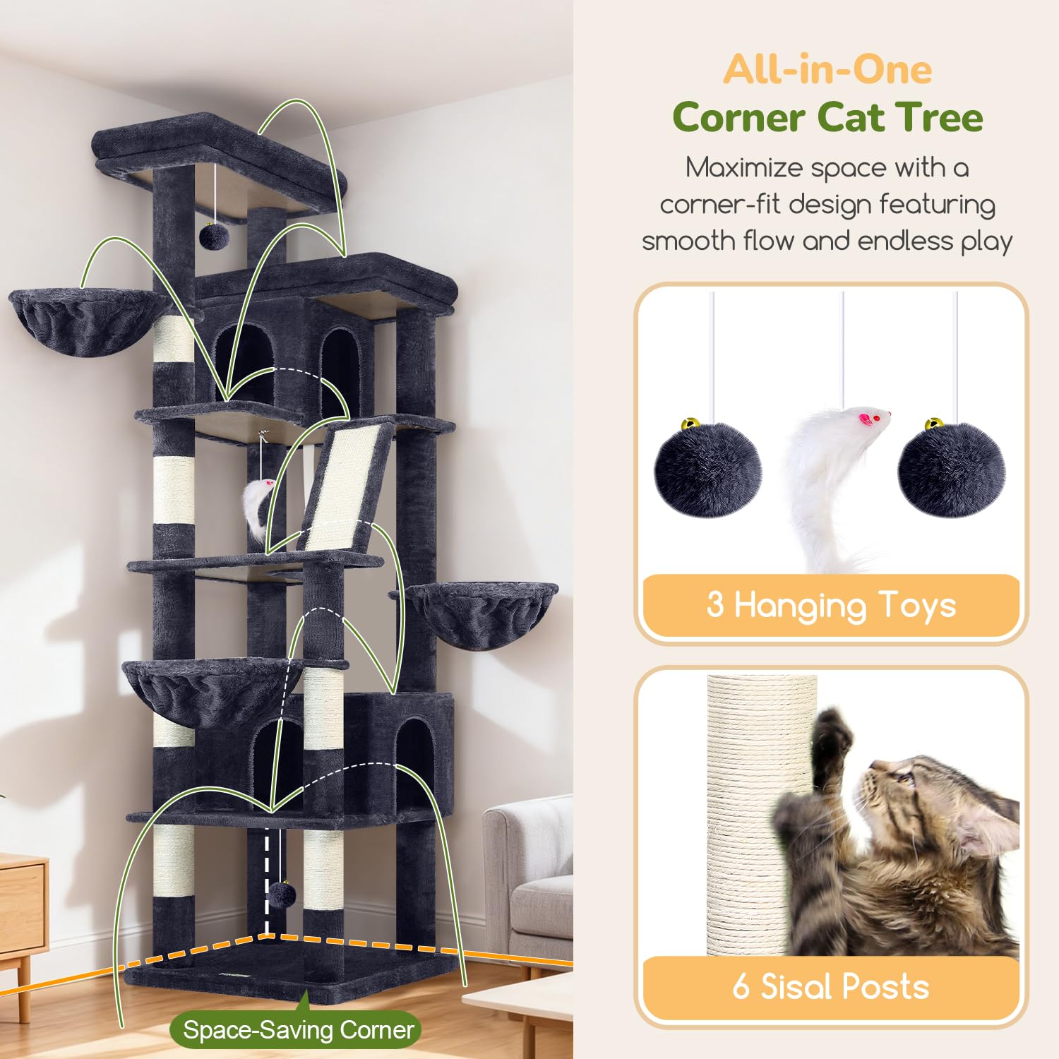Globlazer torre con juguetes colgantes para juego y caza interactiva.