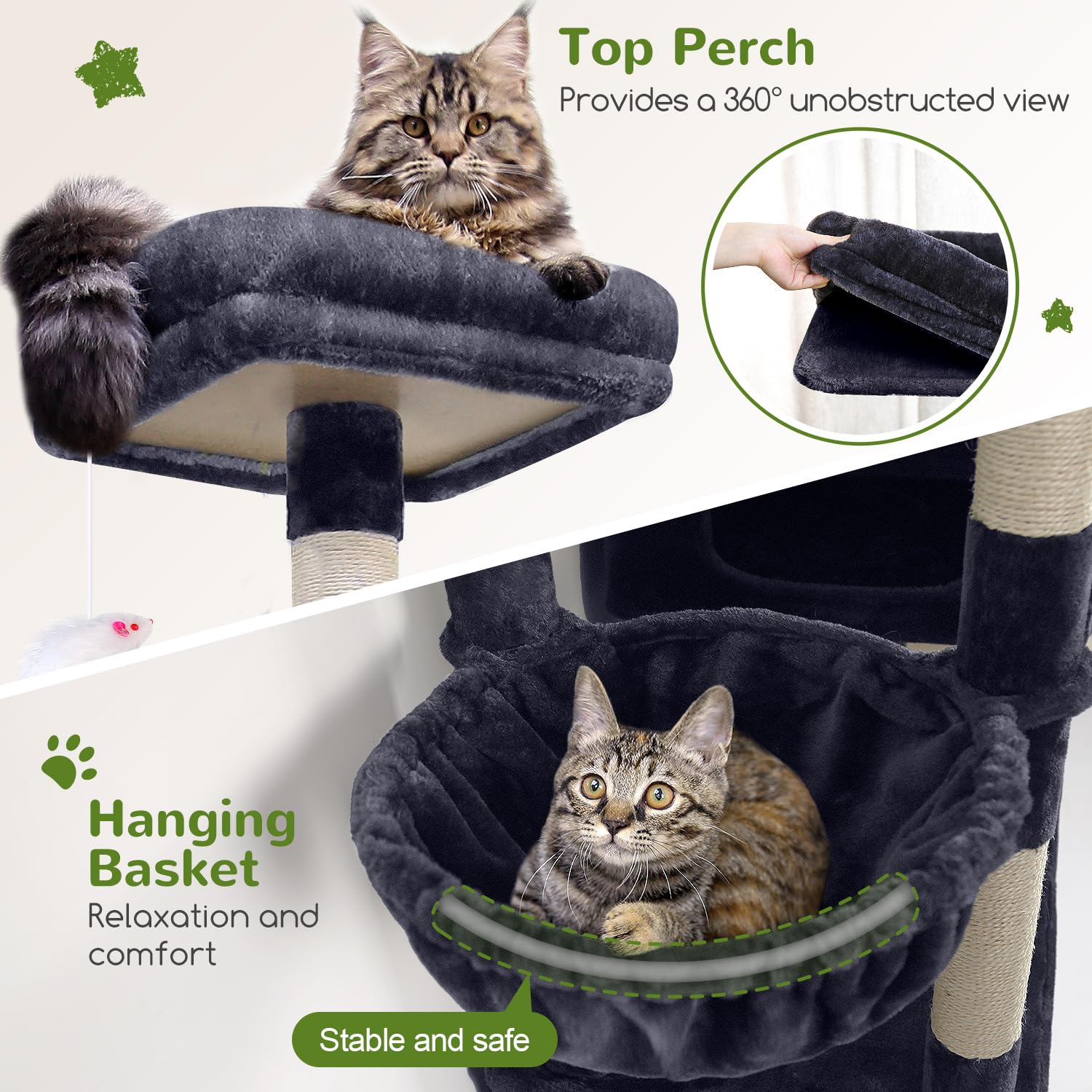 Cabañas para gatos en la torre Globlazer, refugio seguro para jugar y esconderse.