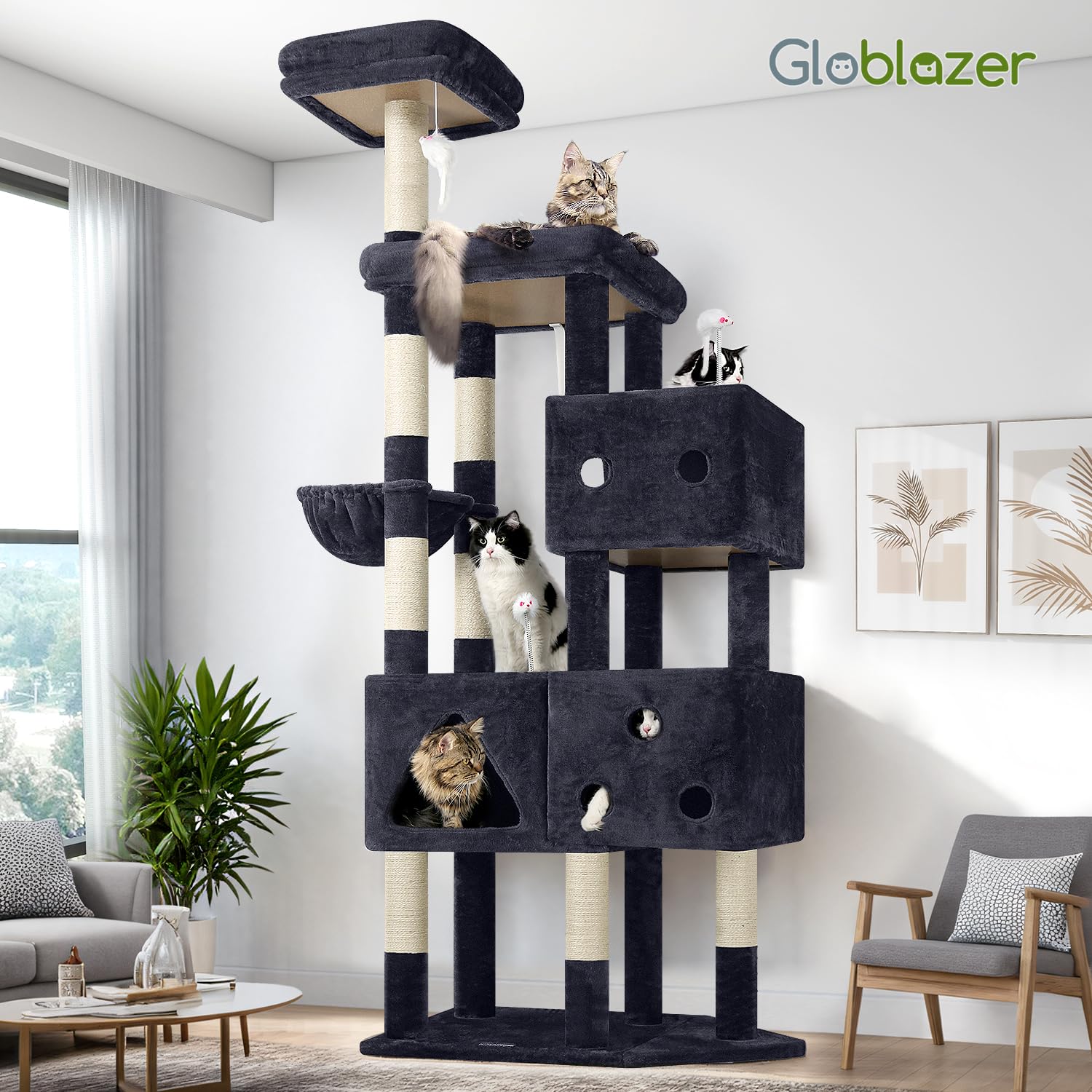 Torre Globlazer de 81 pulgadas en gris oscuro, adecuada para gatos grandes.