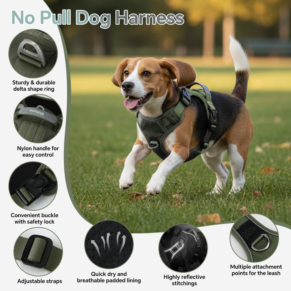 Glohoop arnés táctico, vista lateral, diseño estable para perros activos en caminatas.