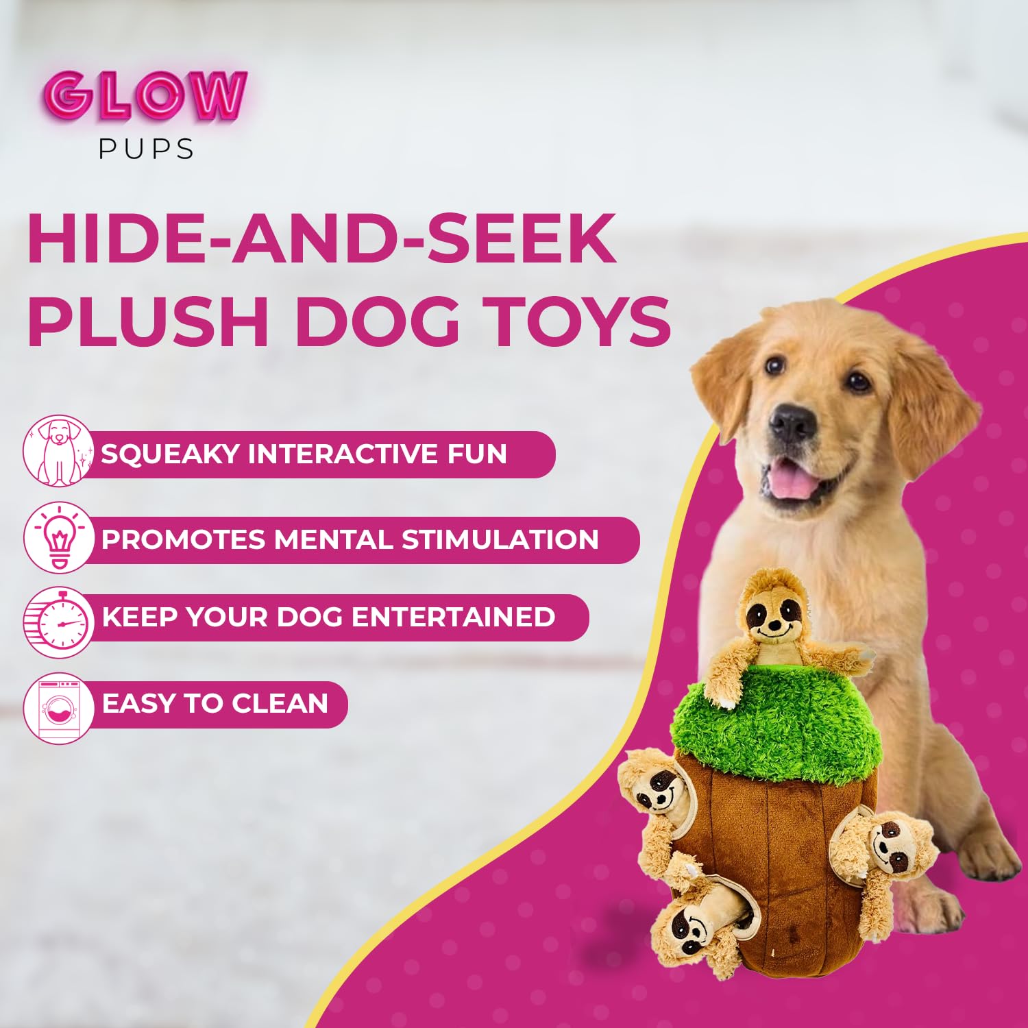 Glow Pups Peluche perezoso en tronco de árbol, juguete con ruido para estímulo