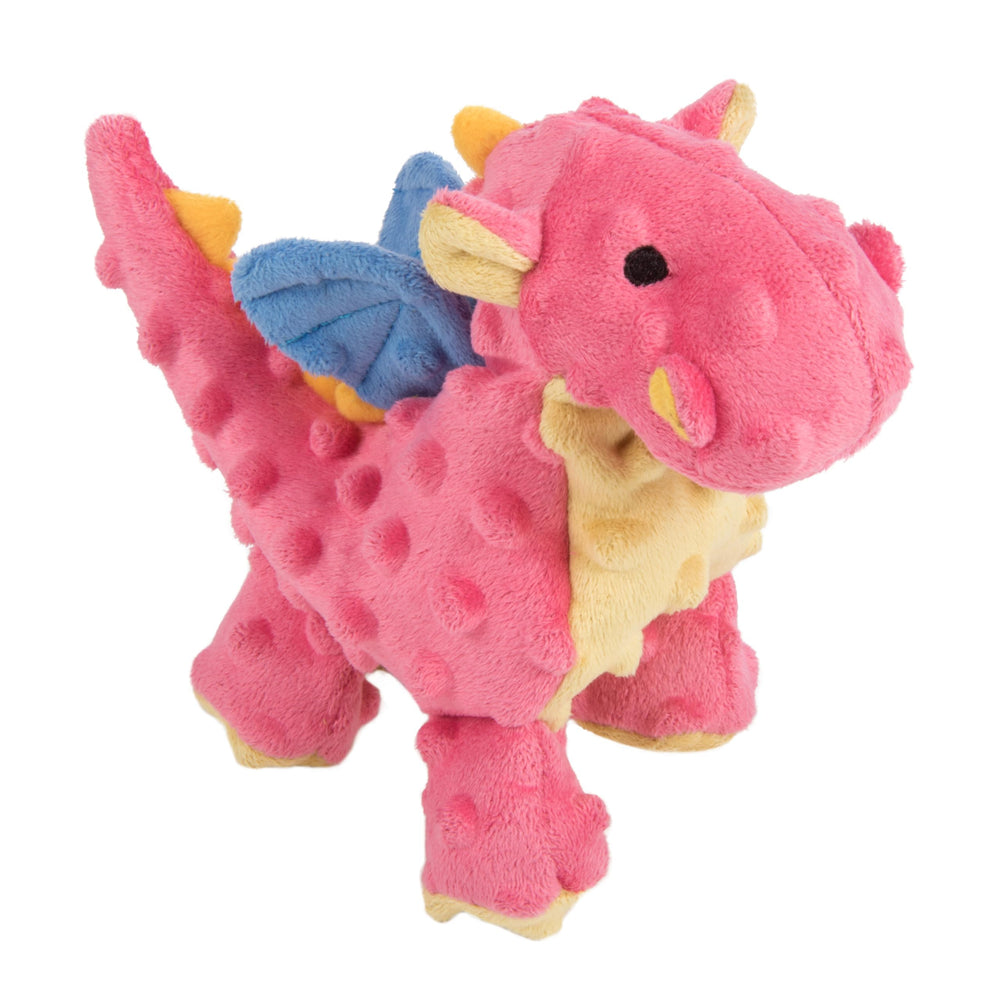 GoDog dragones-peluche-burbujas-con-chirrido coral pequeño, ideal para juego activo.