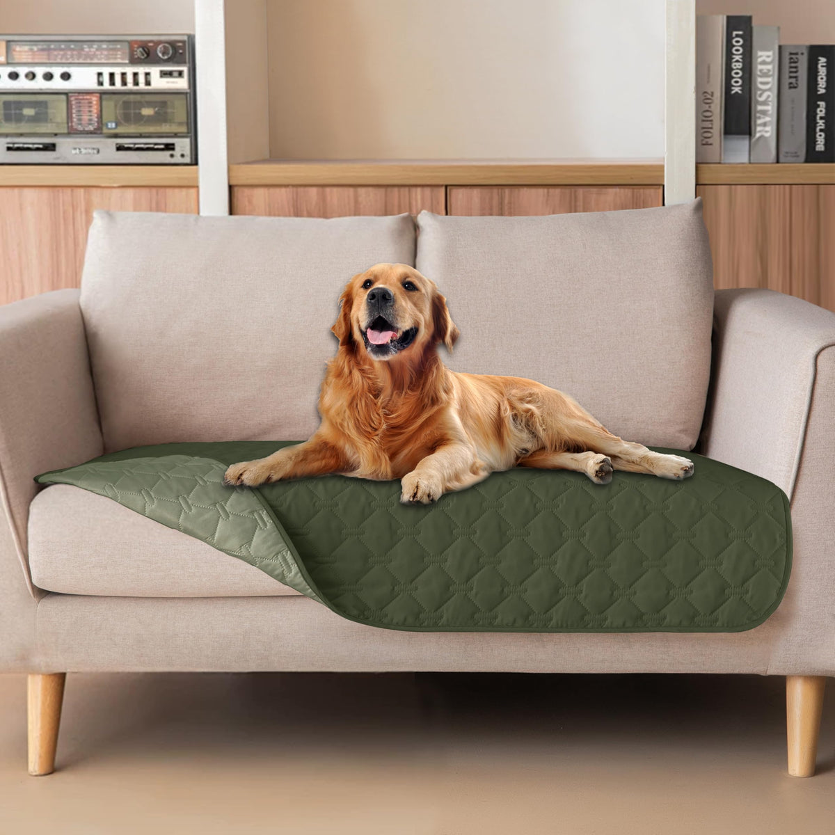 Manta impermeable Gogobunny de doble cara en oliva oscuro, protege muebles.