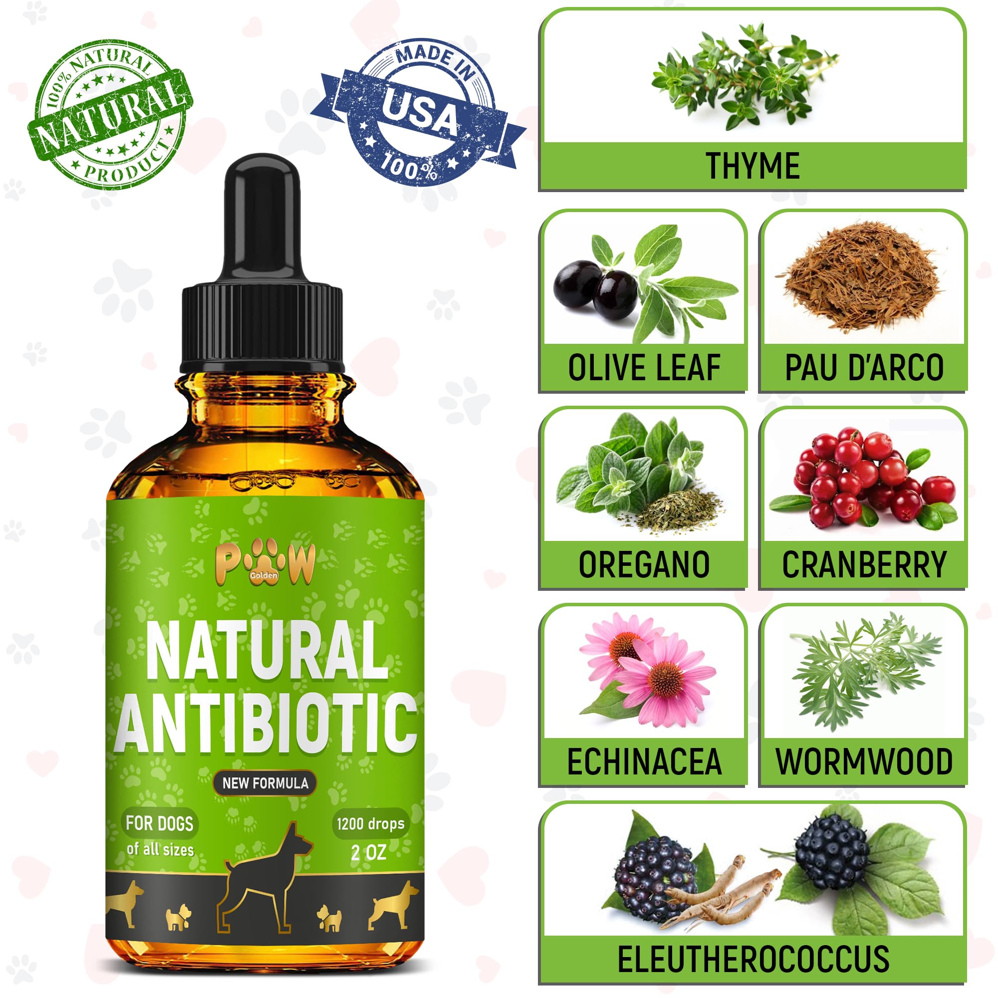 Golden Paw fórmula con arándano rojo y orégano para sabor agradable y uso diario.