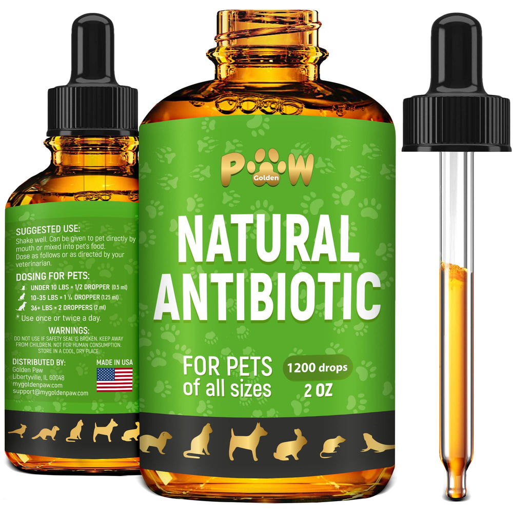 Golden Paw antibióticos naturales para perros y gatos, gotas en botella, apoyo posible para el bienestar.