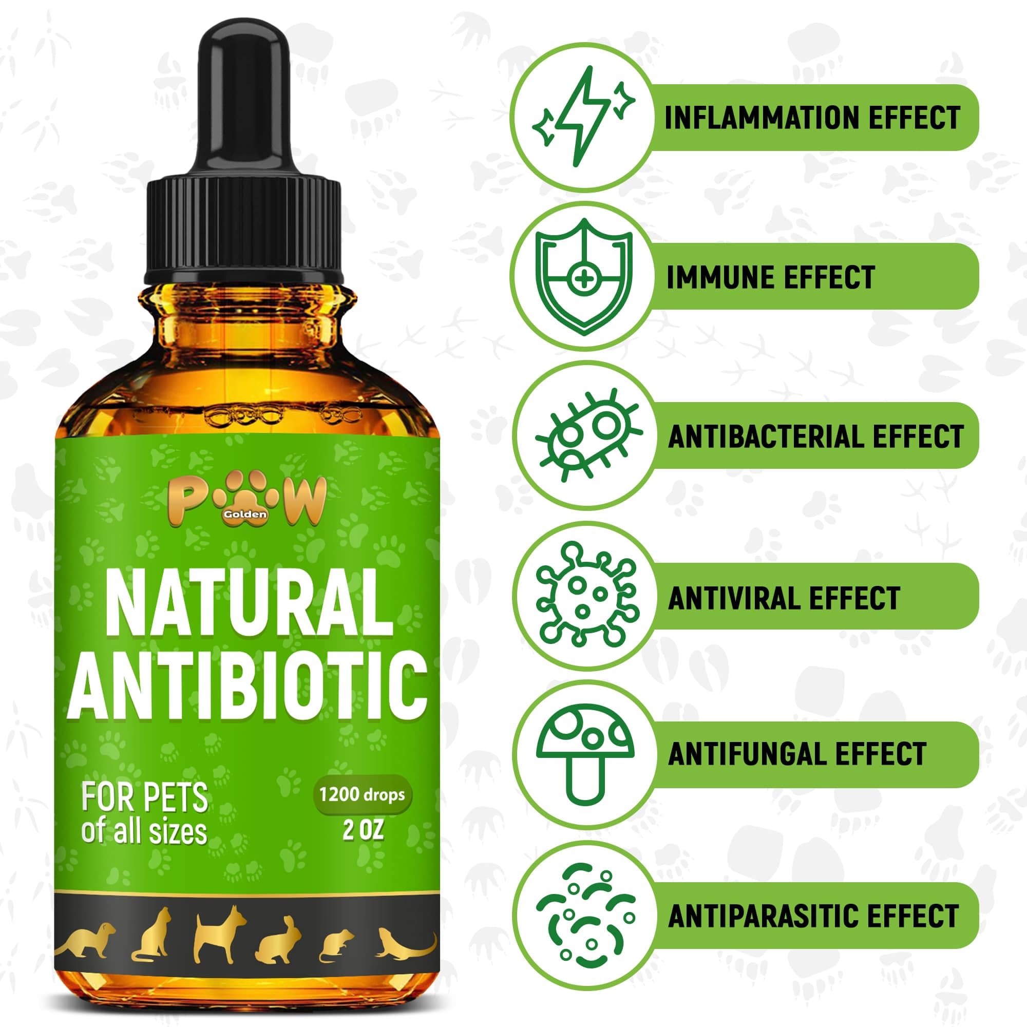 Golden Paw antibióticos naturales, primeros planos de ingredientes, beneficio potencial para piel y digestión.