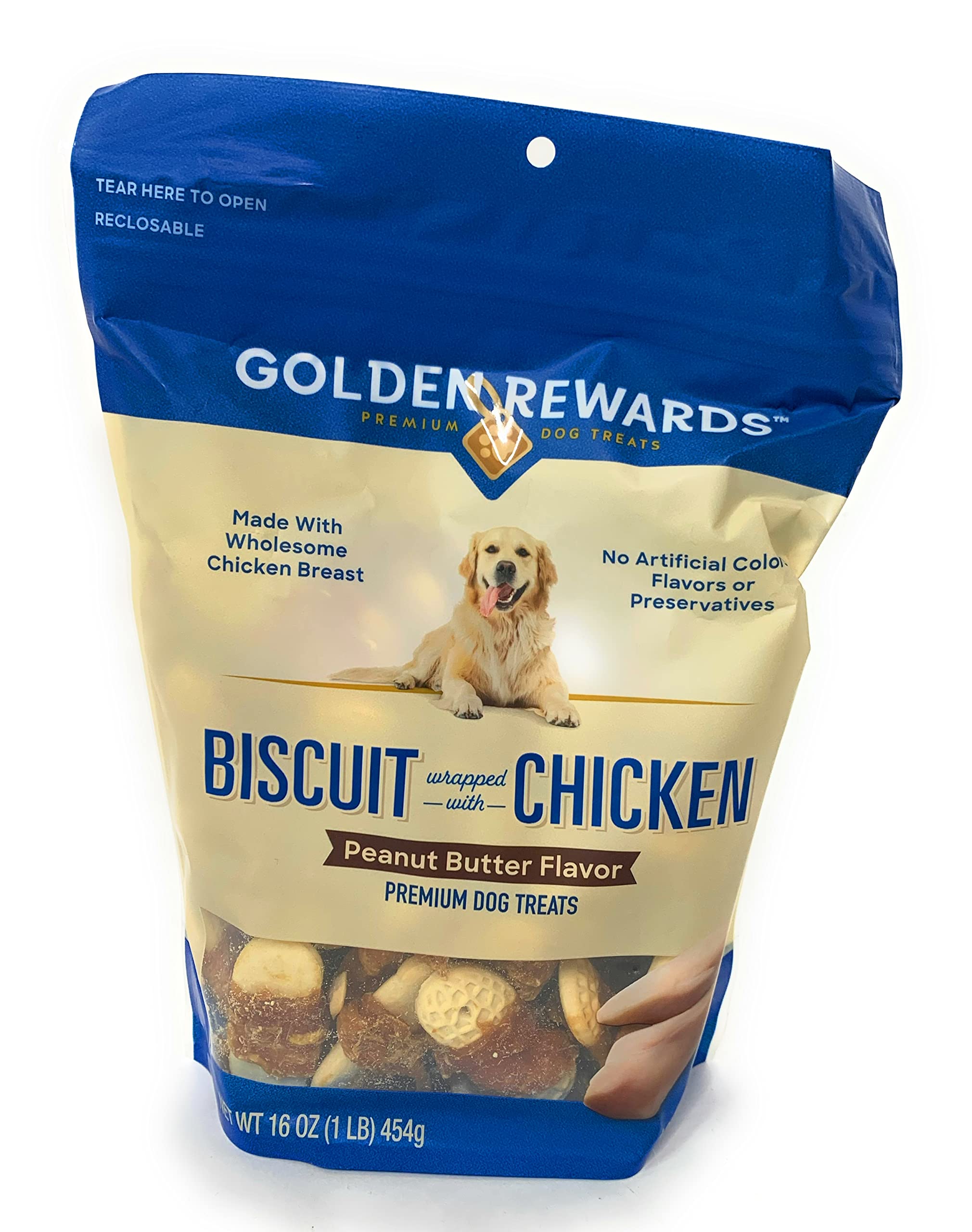 Golden Rewards galletas cacahuete con pollo para perro, snack sabroso y proteína de alta calidad.