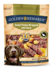 Golden Rewards patata dulce envuelta con pato, premio sabroso y bajo en grasa para perros.