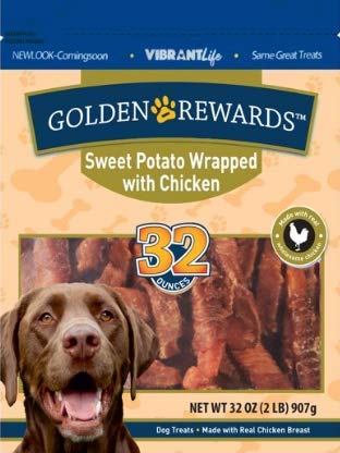 Golden Rewards patata dulce envuelta con pollo, snack ideal como premio para perros.